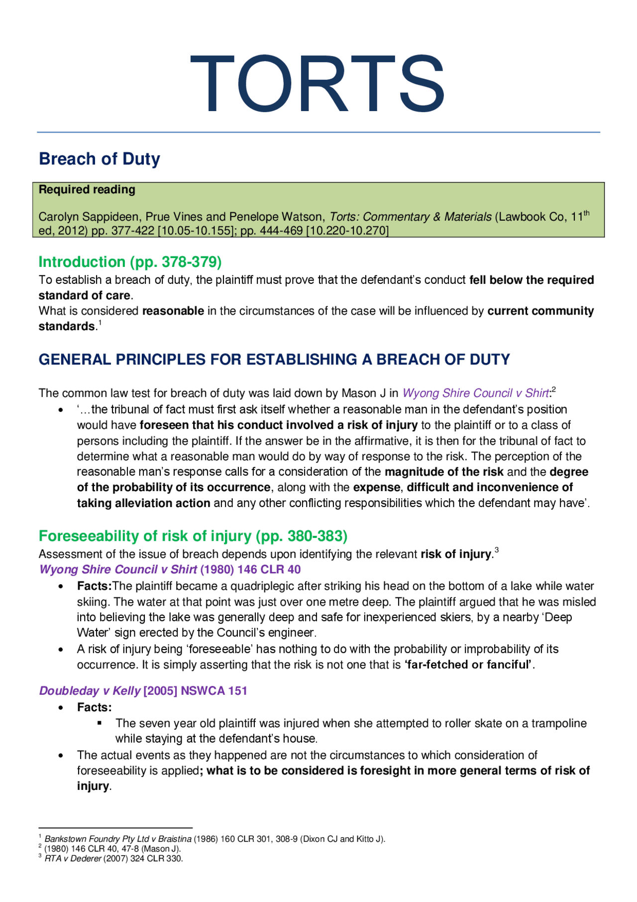 TORTS Breach of Duty | Exercises Law | Docsity