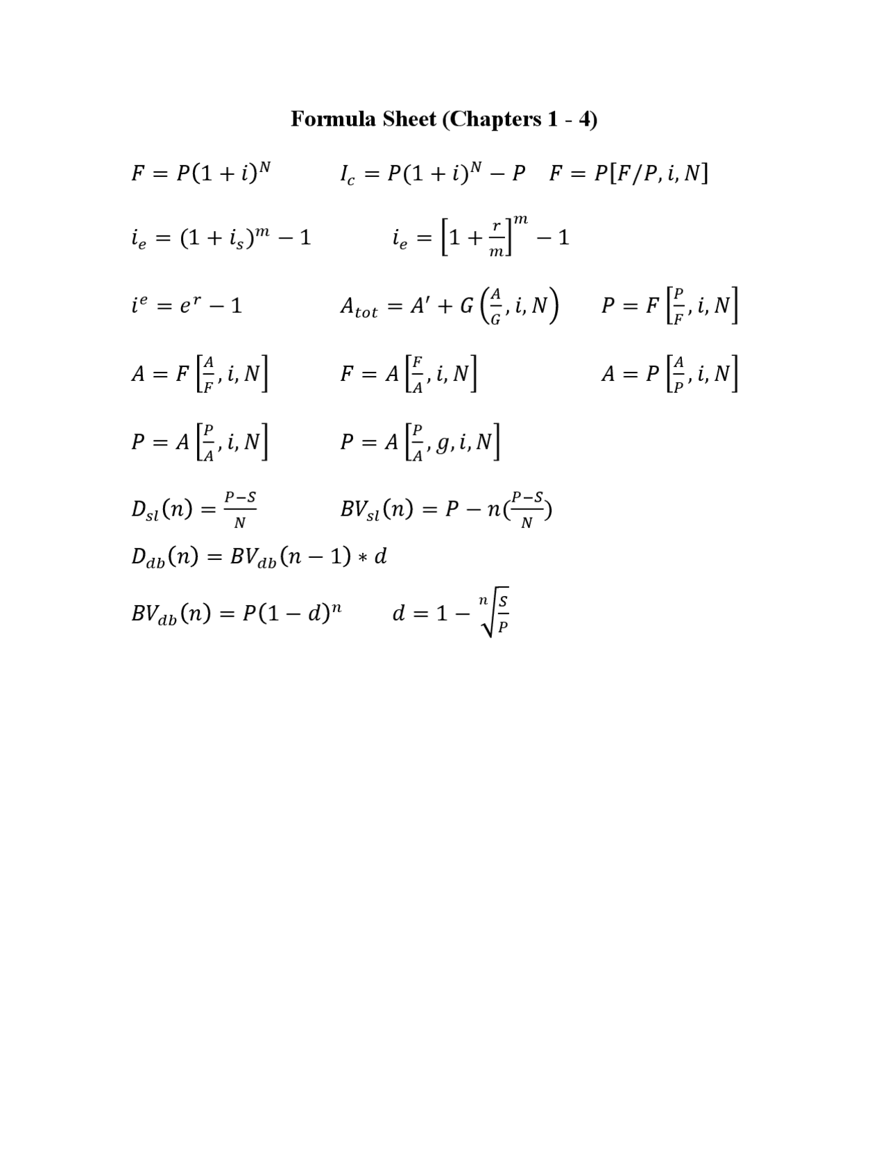 Formula sheet for chapter 1 | Cheat Sheet Economics | Docsity