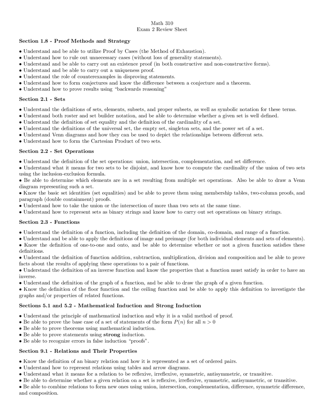 Math 310 Exam 2 Review Sheet | Study notes Reasoning | Docsity