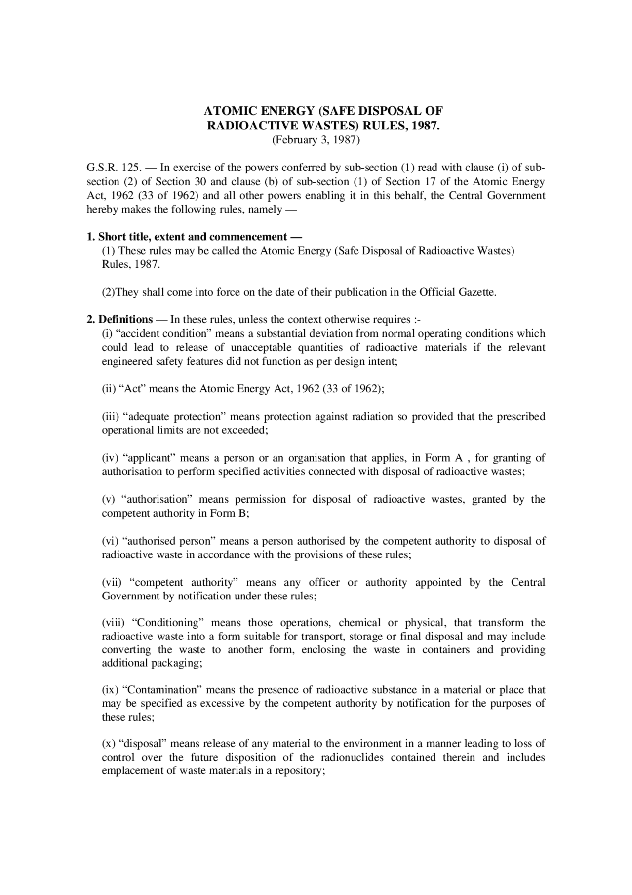 Atomic Energy (Safe Disposal of Radioactive Wastes) Rules, 1987 Exams