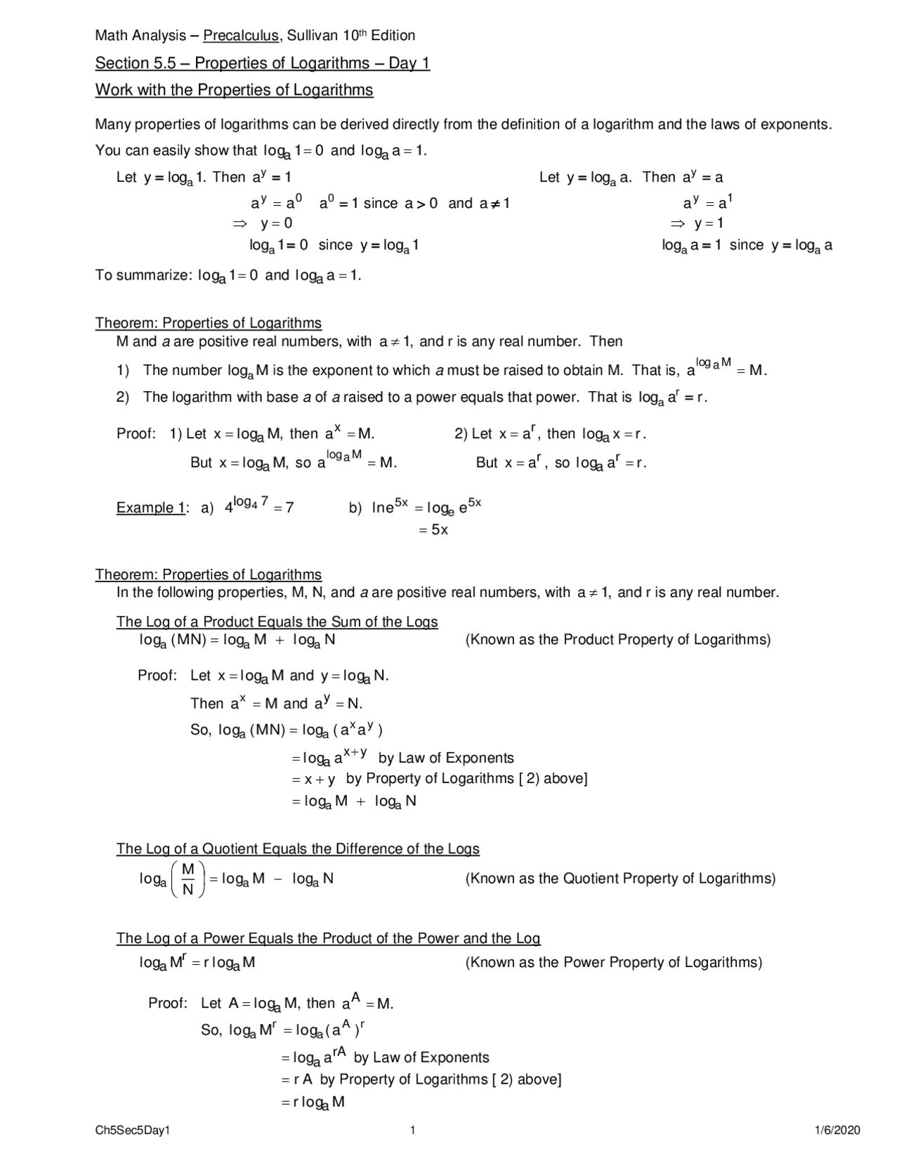 Logarithms Notes Section 5.5 – Properties of Logarithms | Lecture notes Law | Docsity