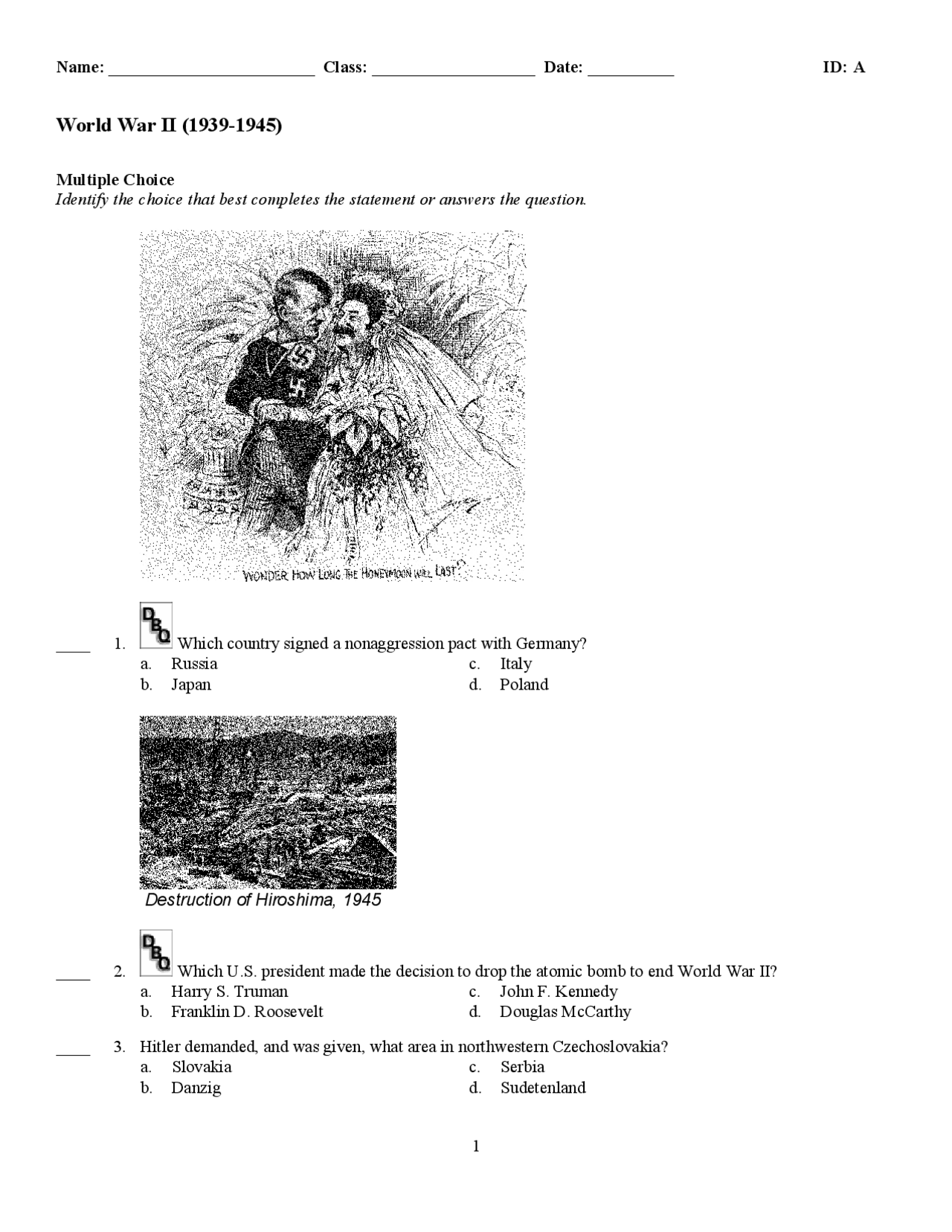 World War 2 1939 To 1945 Worksheet Answers