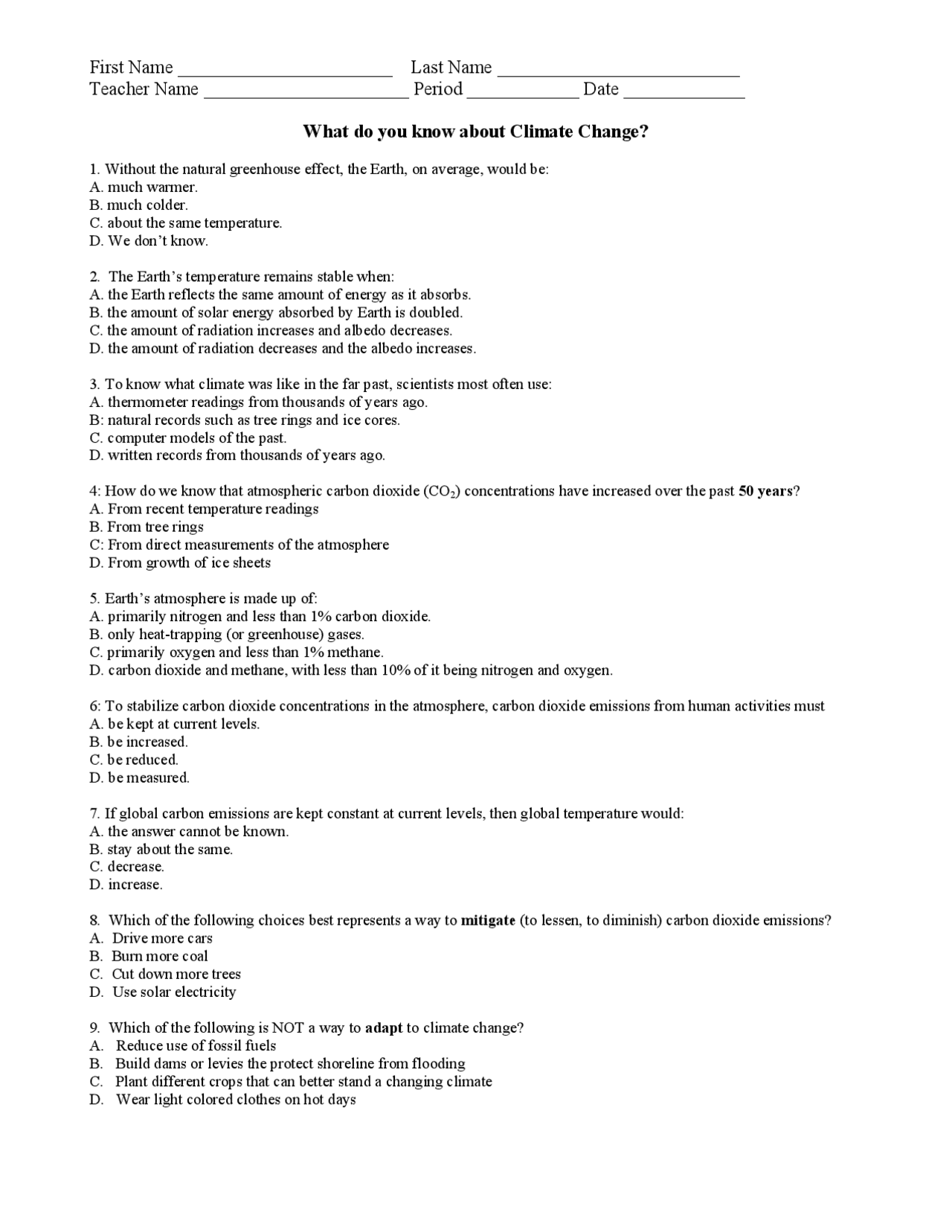 Climate Change Quiz | Study notes Environmental Science | Docsity