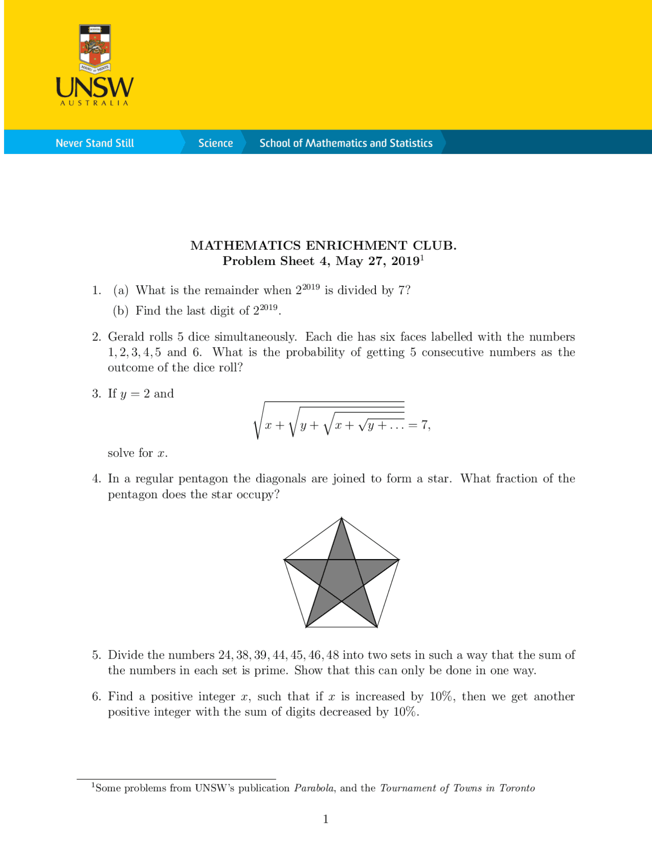 Mathematics Enrichment Club Problem Sheet 4 | Lecture notes Mathematics ...