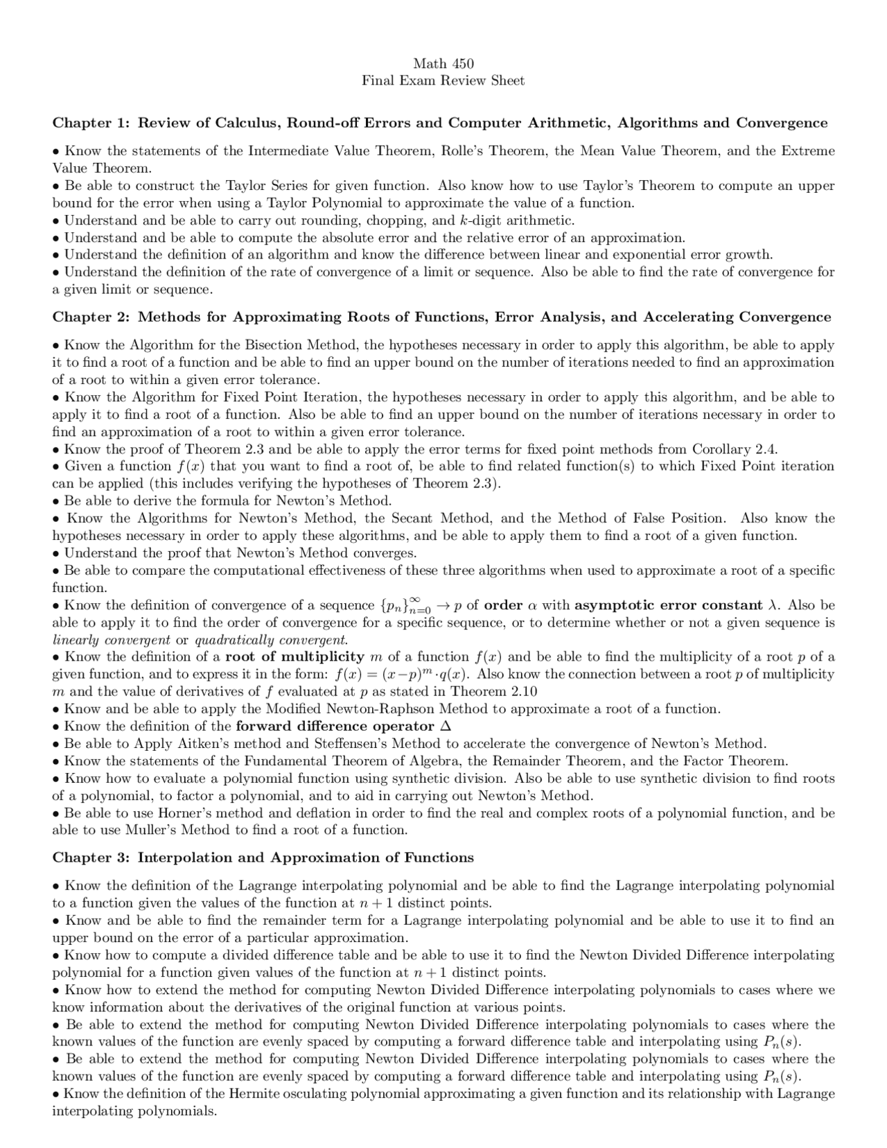 Math 450 Final Exam Review Sheet Chapter 1 | Lecture notes Calculus ...