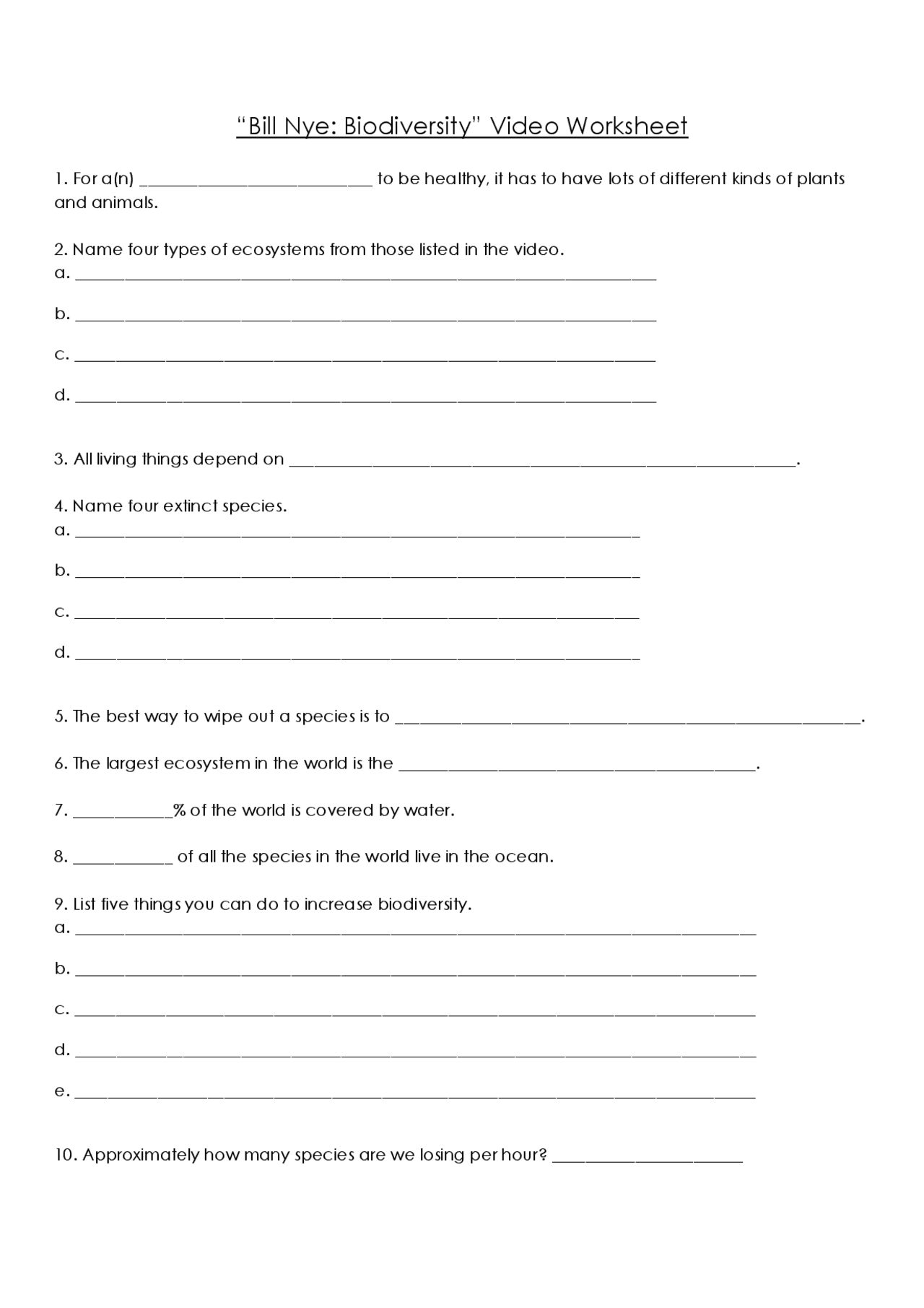 Bill Nye Biodiversity Video Worksheet Study notes Environmental