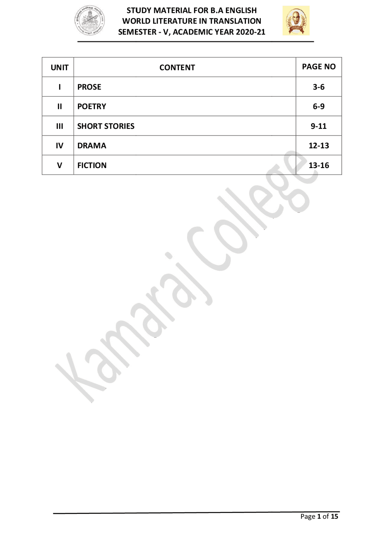 Study Material for B.A English World Literature in Translation Semester ...