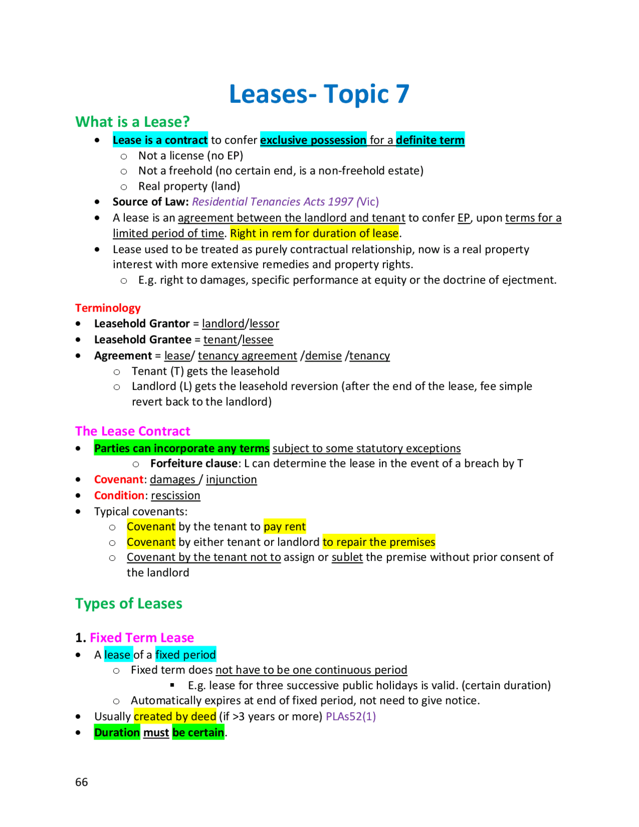Leases: What They Are and How They Work | Summaries Law | Docsity