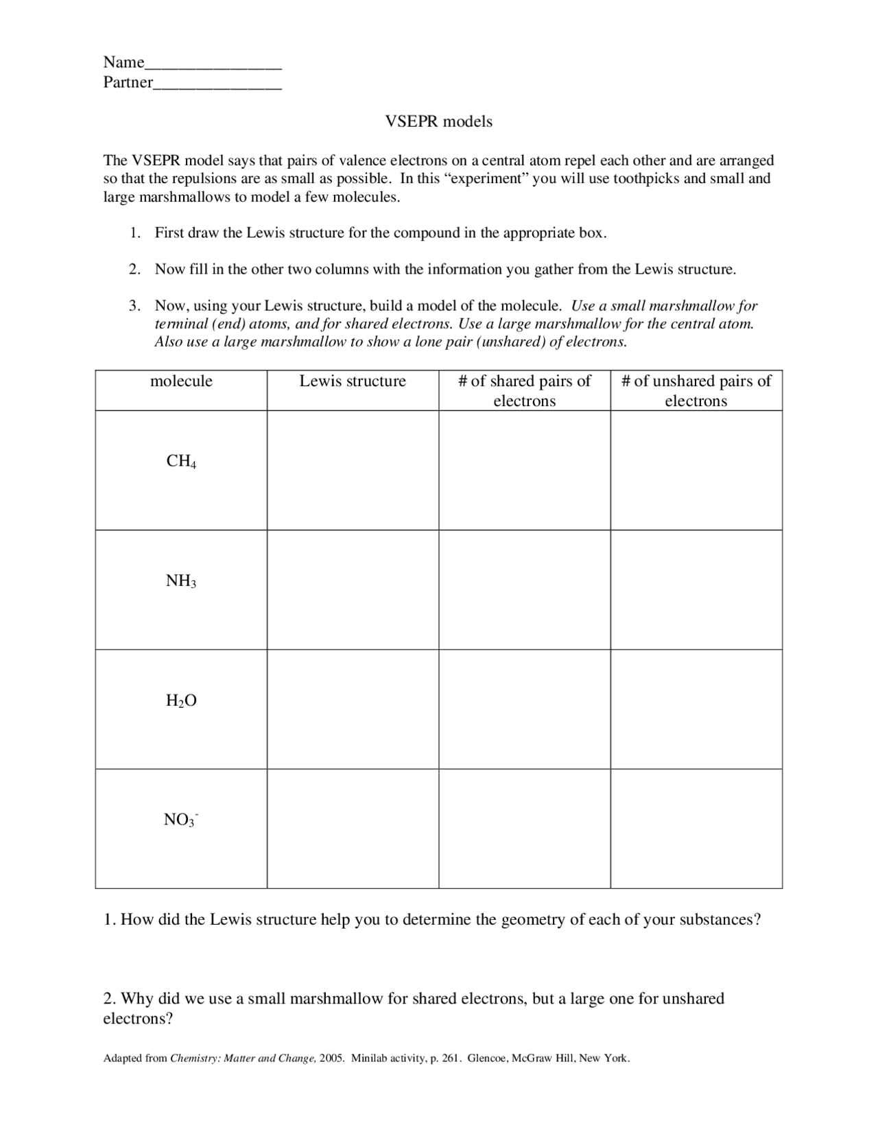 Molecule Model Activity VSEPR Models and Molecule Building | Lecture notes Geometry | Docsity