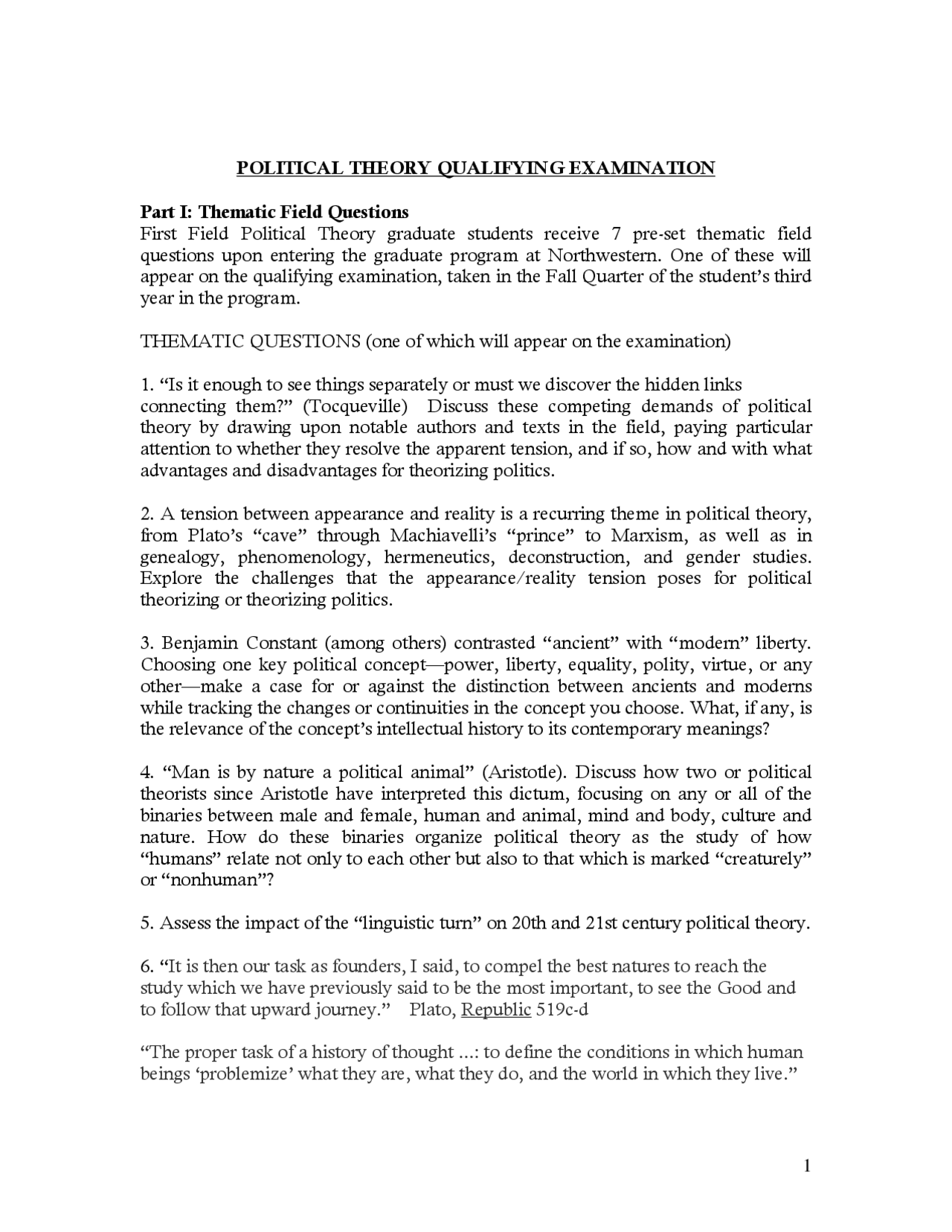 Thematic Field Questions for Political Theory Qualifying Examination at