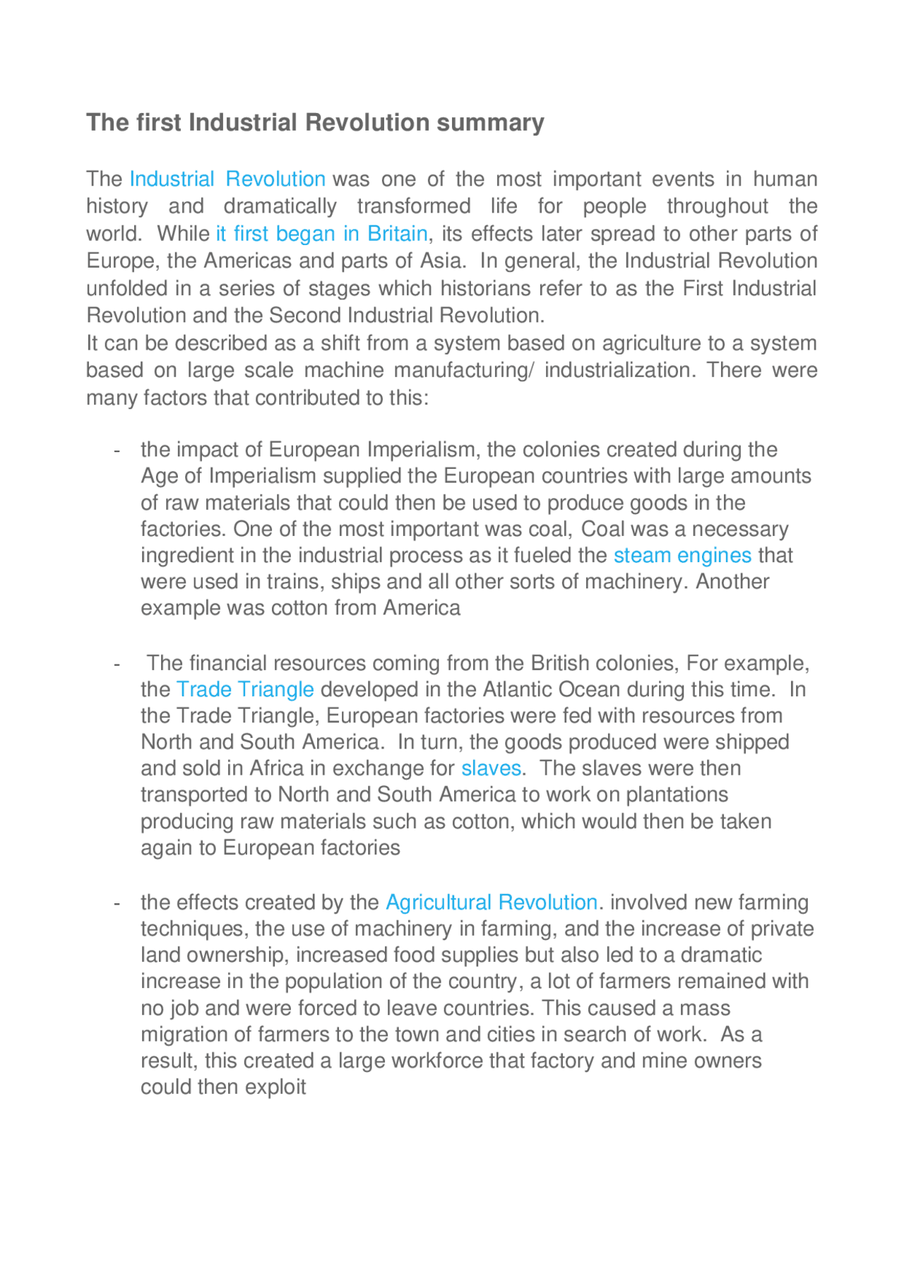 The first Industrial Revolution summary | Slides History | Docsity