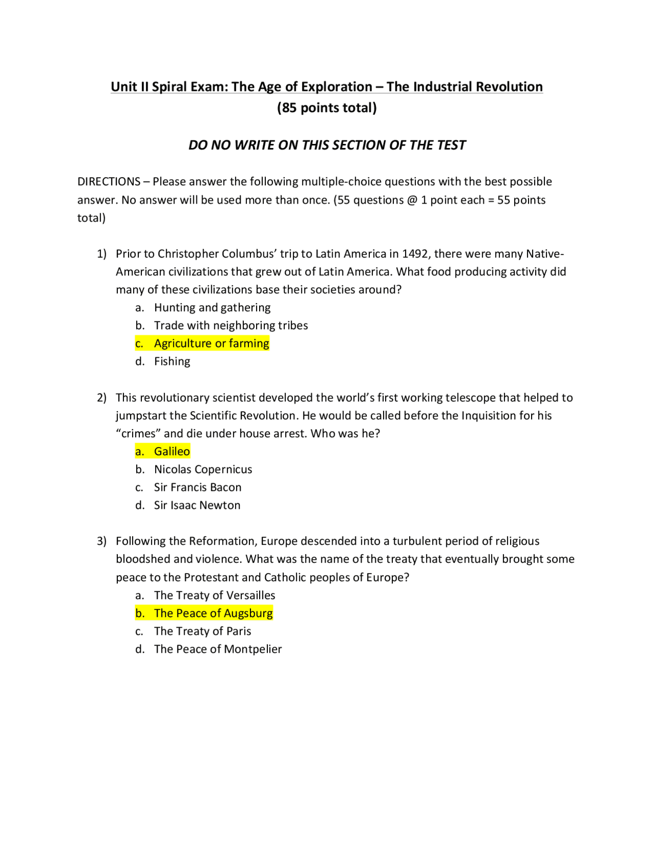 Unit II Spiral Exam: The Age of Exploration - The Industrial Revolution ...