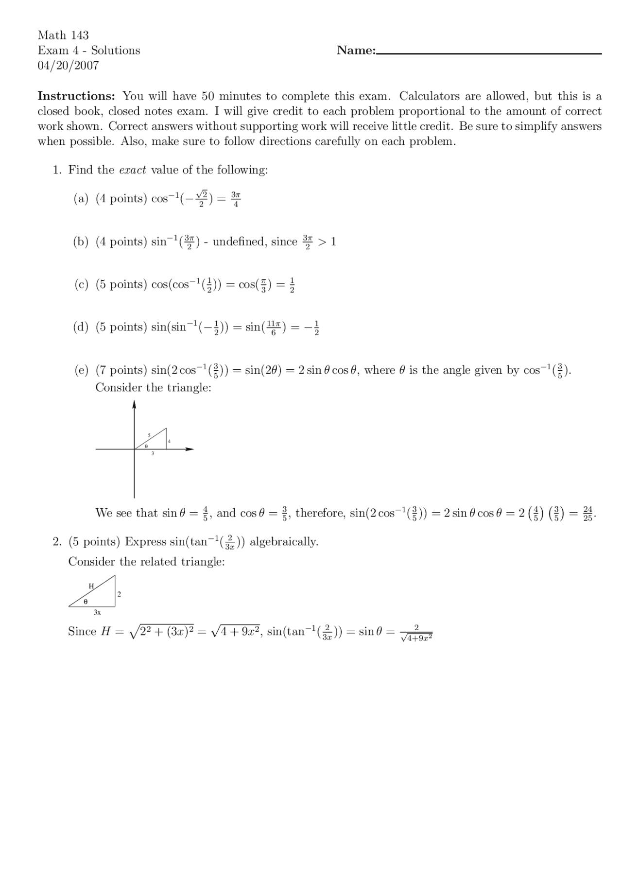 What Is Math 143 Math 143 Exam 4 - Solutions | Exams Law | Docsity
