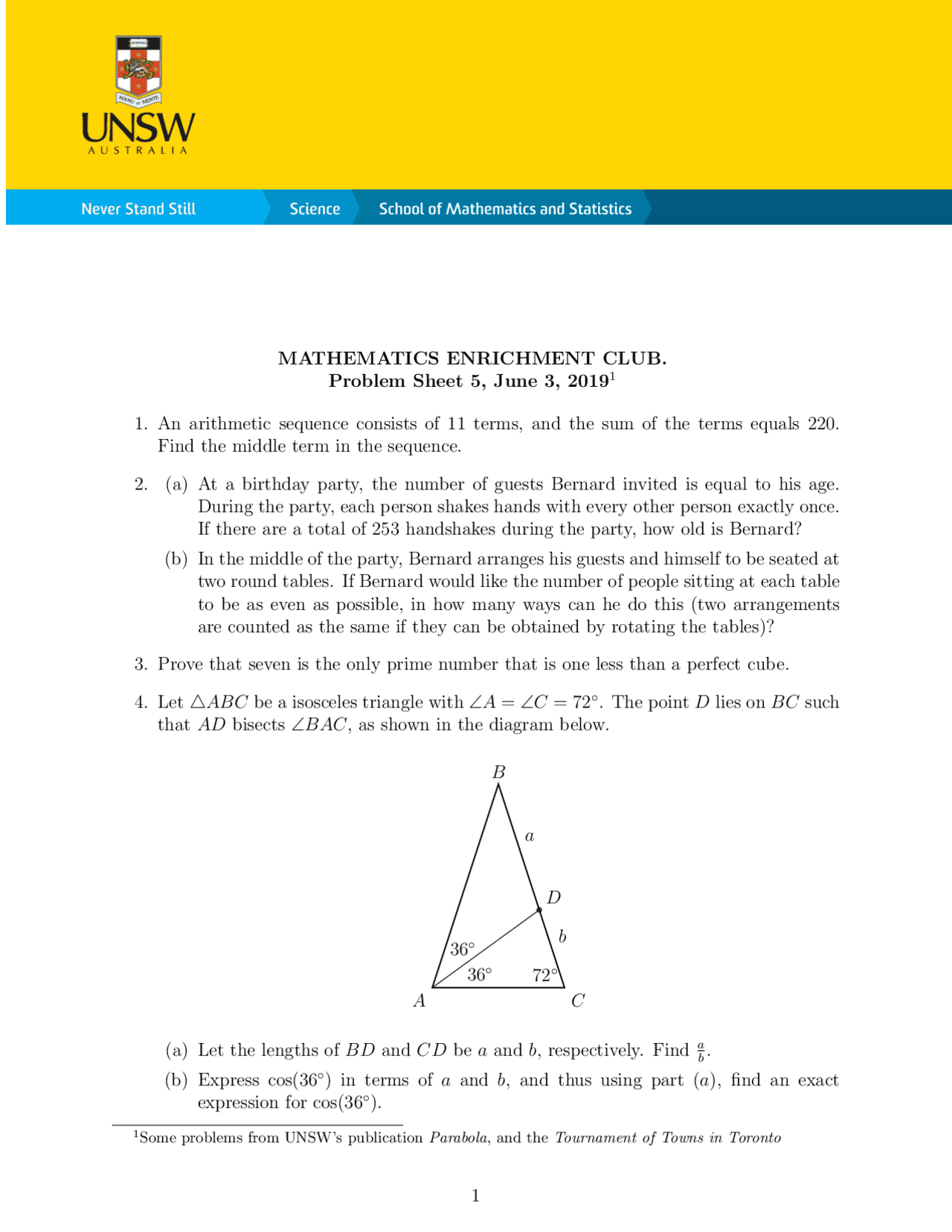 Mathematics Enrichment Club Problem Sheet 5 | Study notes Mathematics ...