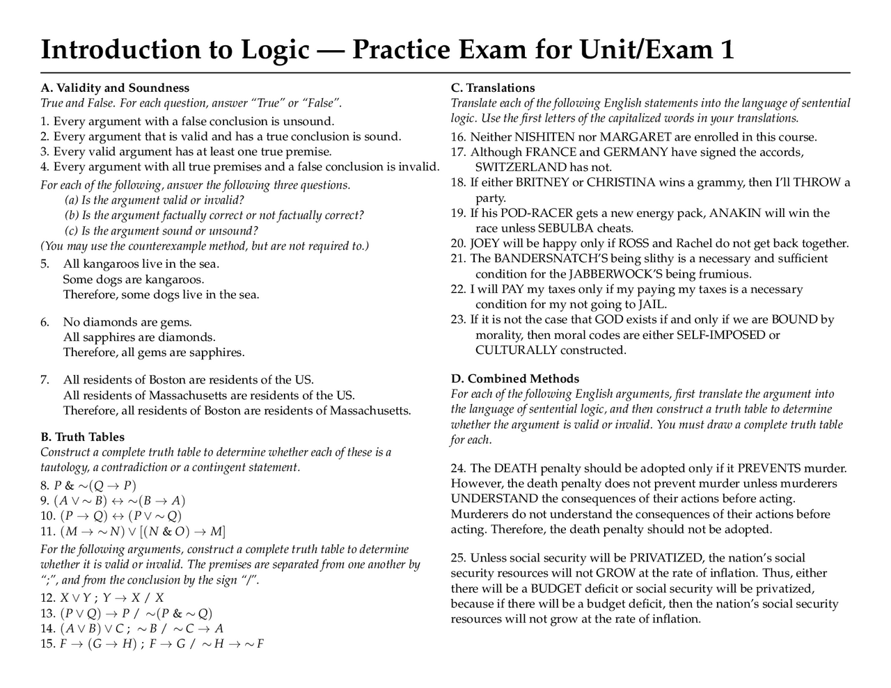 Intro to Logic Unit 1 Practice Exam | Exams Logic | Docsity