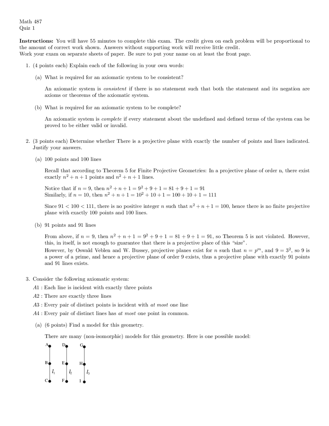 Math 487 Quiz 1 Instructions | Exercises Geometry | Docsity