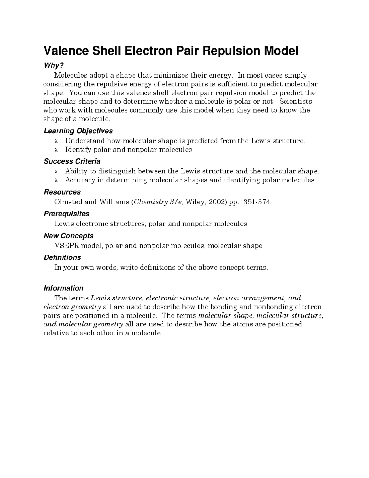 Valence Shell Electron Pair Repulsion Model | Summaries Geometry | Docsity