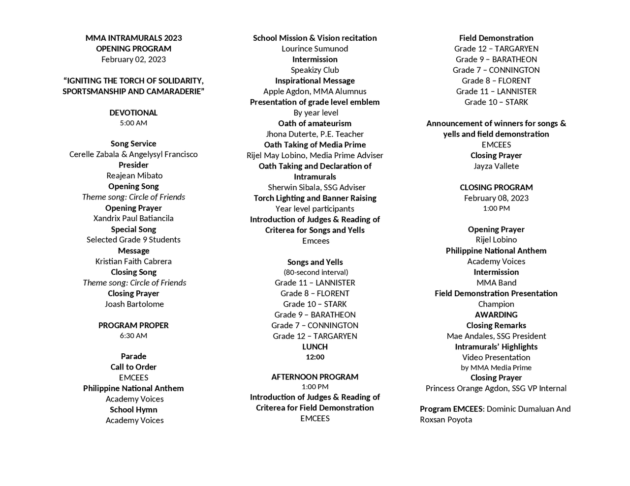 Intramurals 2023 Program | Schemes and Mind Maps Computer science | Docsity