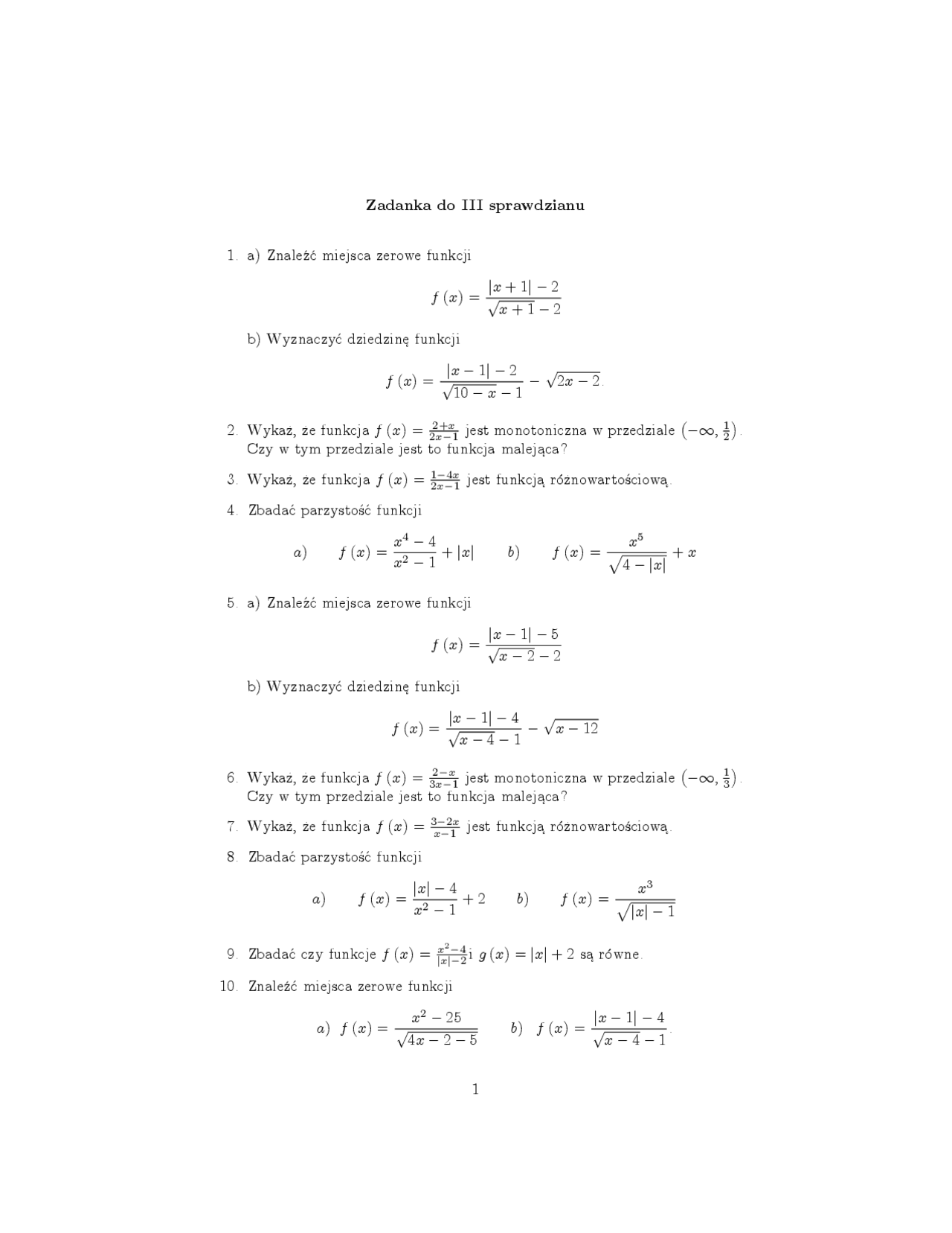 Sprawdzian z funkcji liniowej | Testy Matematyka | Docsity