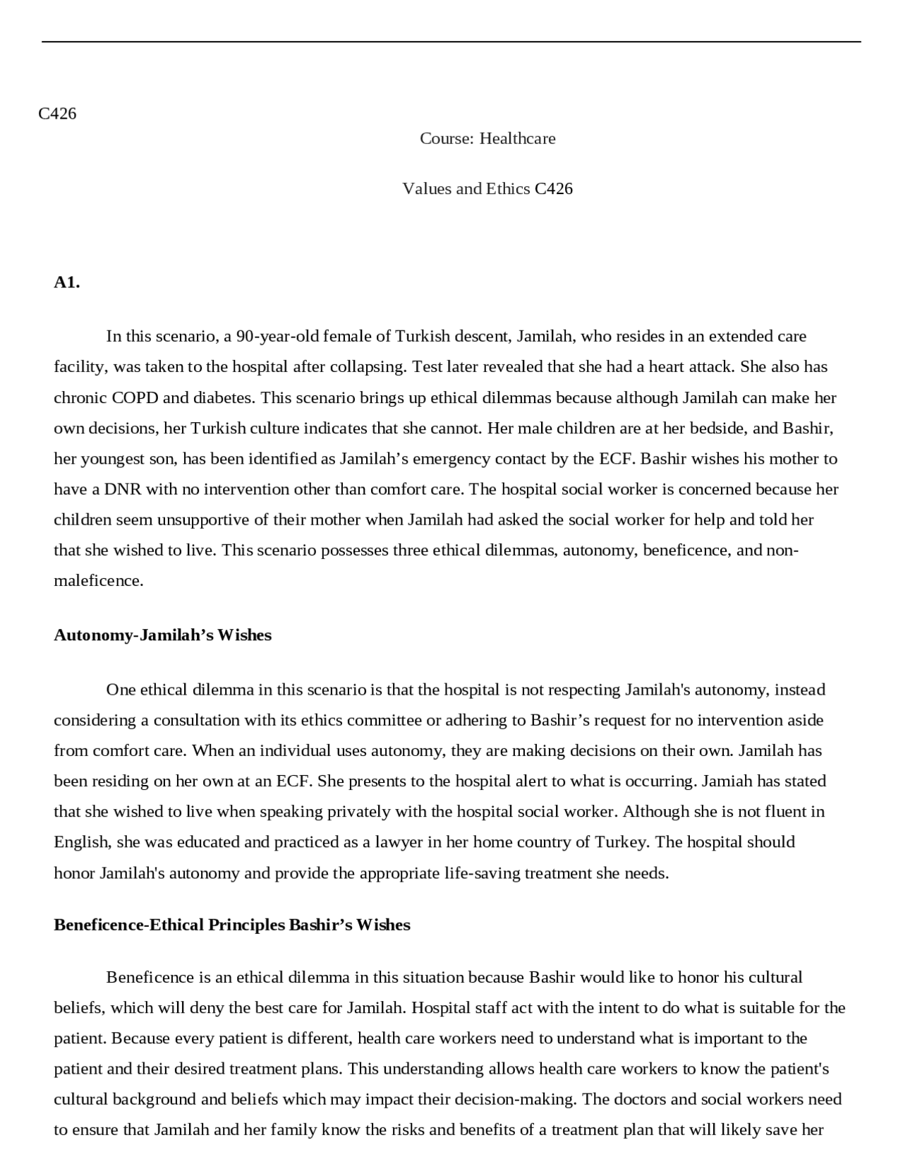 C426 Course: Healthcare Values and Ethics | Essays (university ...