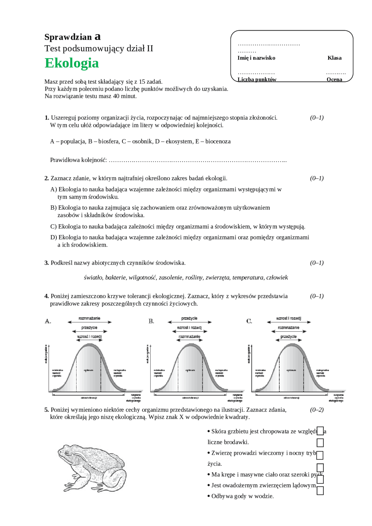 Swiat Biologii 3 Sprawdzian Ekologia