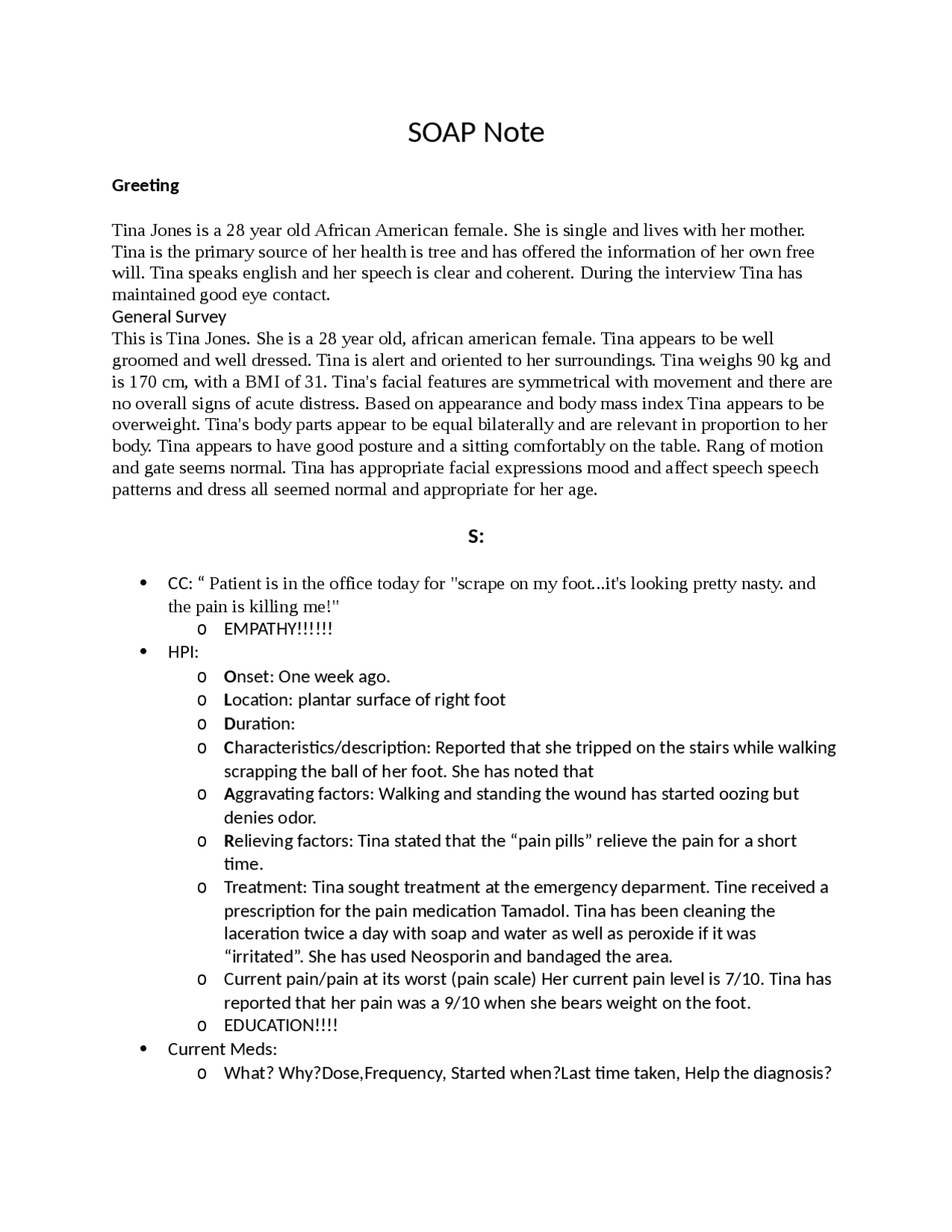 Tina_SOAP_Note paper | Study notes Nursing | Docsity