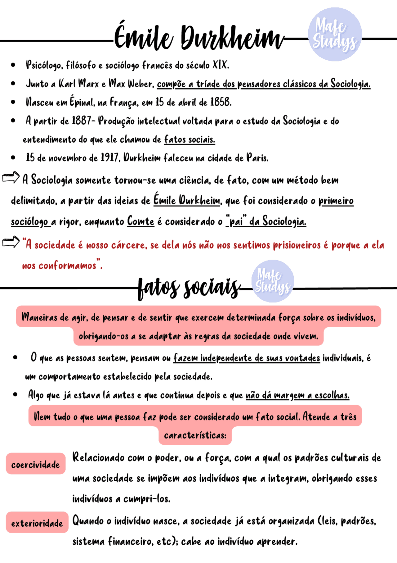 Resumo sobre emile durkheim | Resumos Sociologia | Docsity
