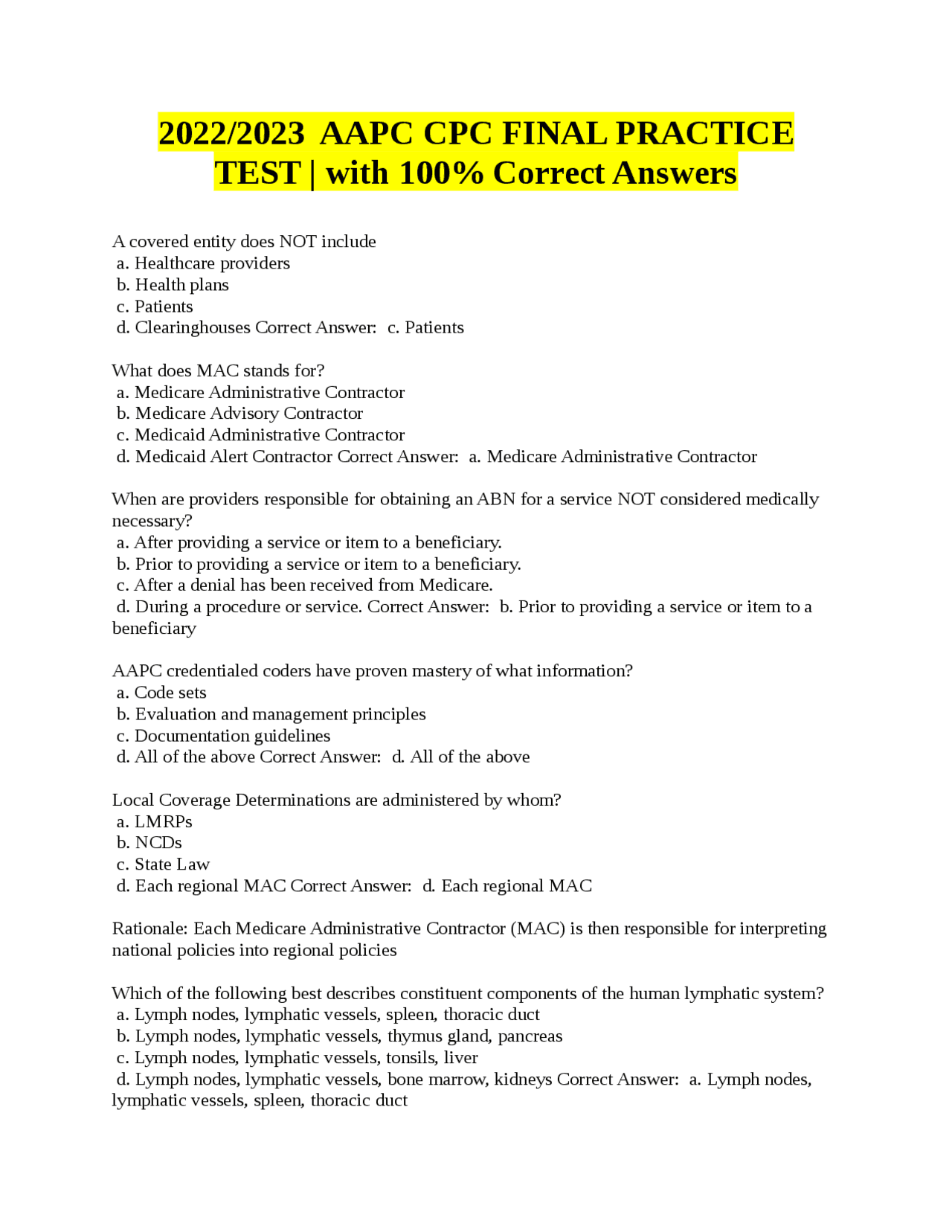 2022 2023 AAPC CPC FINAL PRACTICE TEST With 100 Correct Answers Exams Nursing Docsity 2022-2023-aapc-cpc-final-practice-test-with-100-correct-answers-exams-nursing-docsity