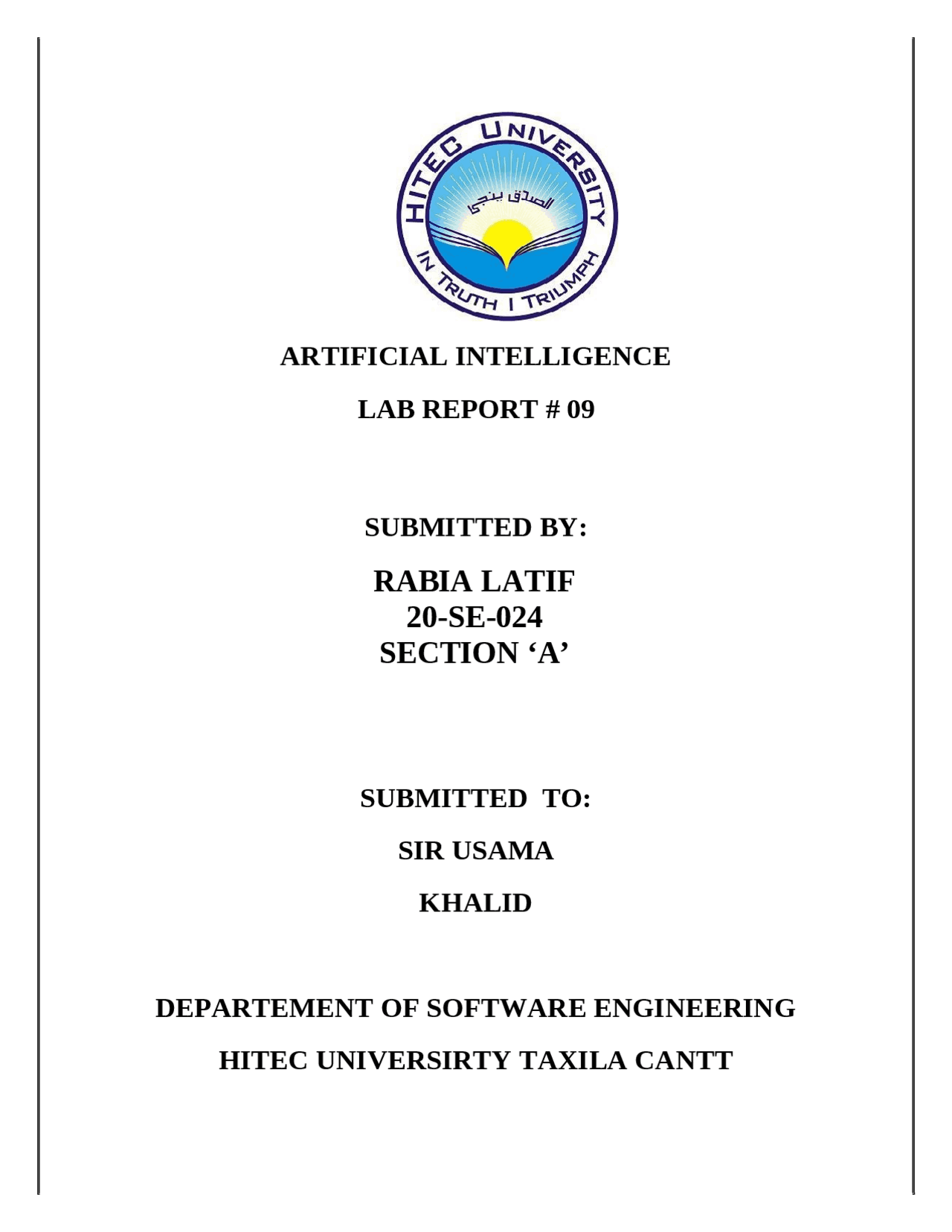 Artificial Intelligence Lab Report 9 | Lab Reports Software Engineering ...