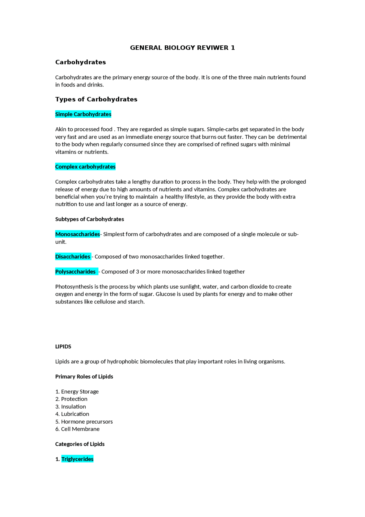 Biology- 1st semester | Study notes Biology | Docsity
