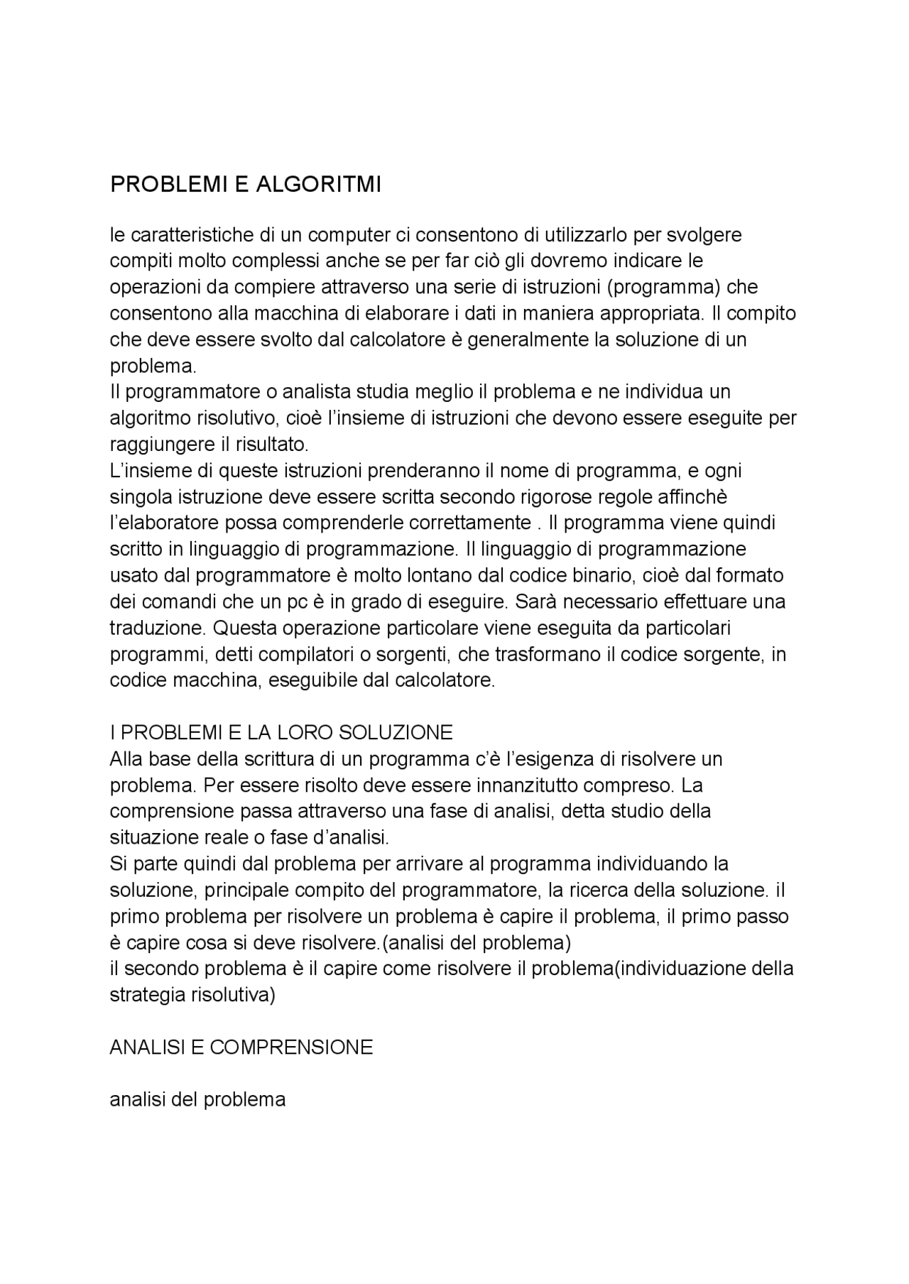 problemi e algoritmi | Sintesi del corso di Informatica | Docsity