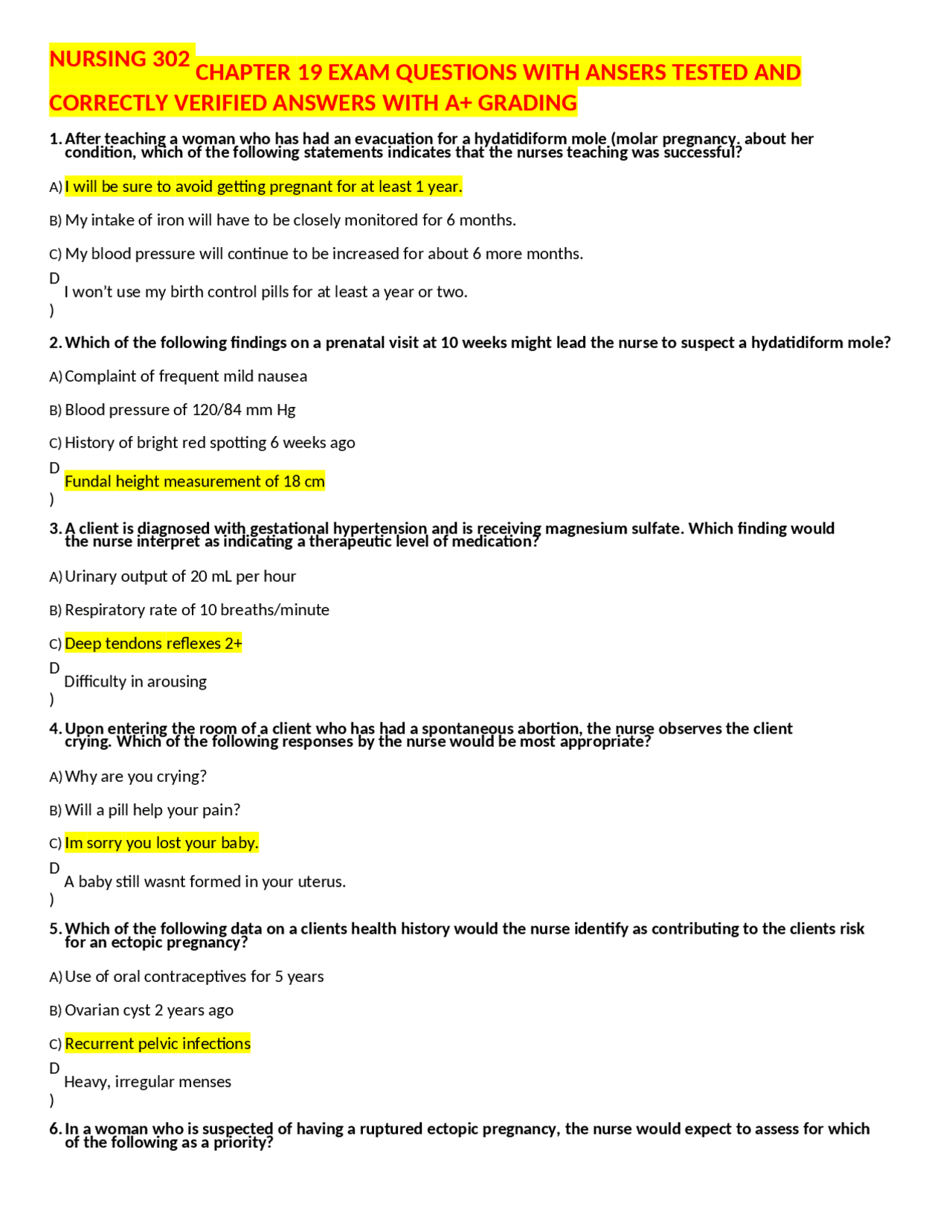 Nursing 302 Chapter 19 Exam Questions with Answers | Exams Nursing ...