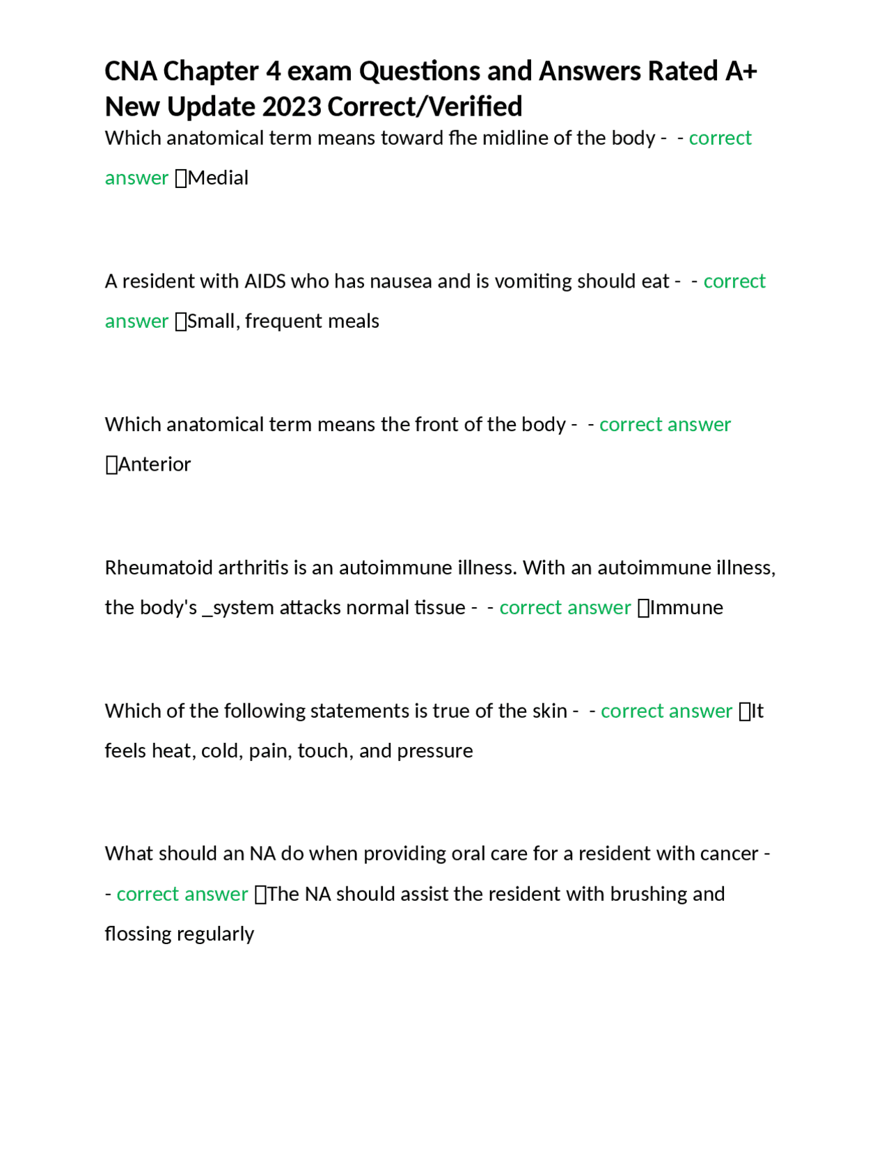 Cna Chapter 4 Exam Questions And Answers Rated A New Update 2023 Correct Verified Exams Cna Chapter 4 Exam Questions And Answers Rated A New Update 2023 Correct Verified Exams