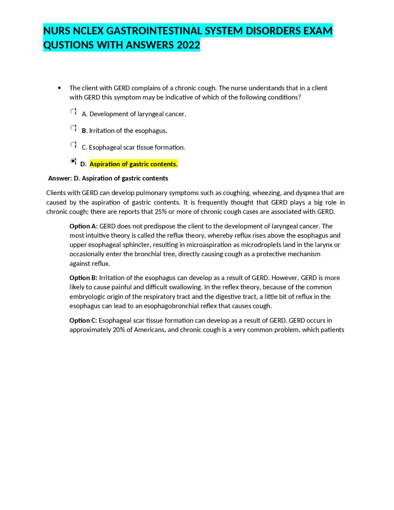 NURS NCLEX GASTROINTESTINAL SYSTEM DISORDERS EXAM QUESTIONS WITH ...