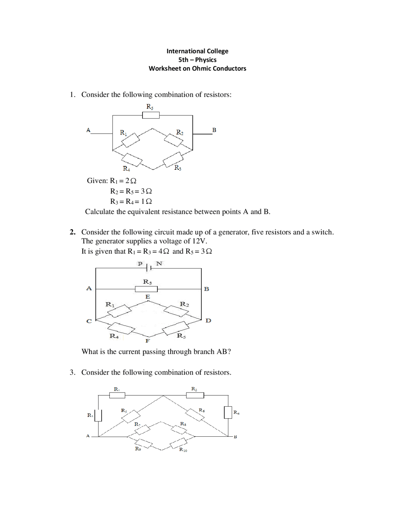 Resistors in electric circuits worksheet Exercises Physics Docsity