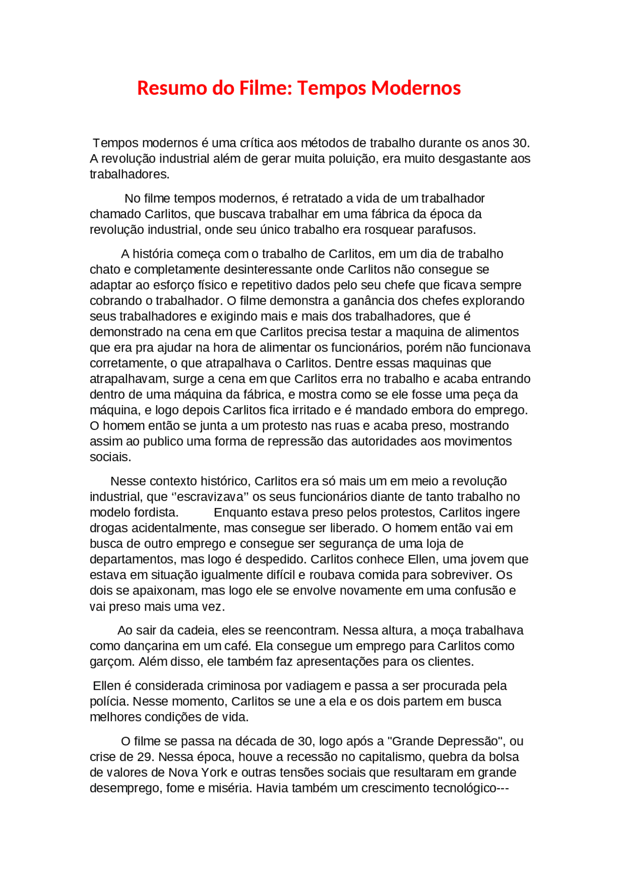 Resumo do filme Tempos modernos | Resumos História | Docsity