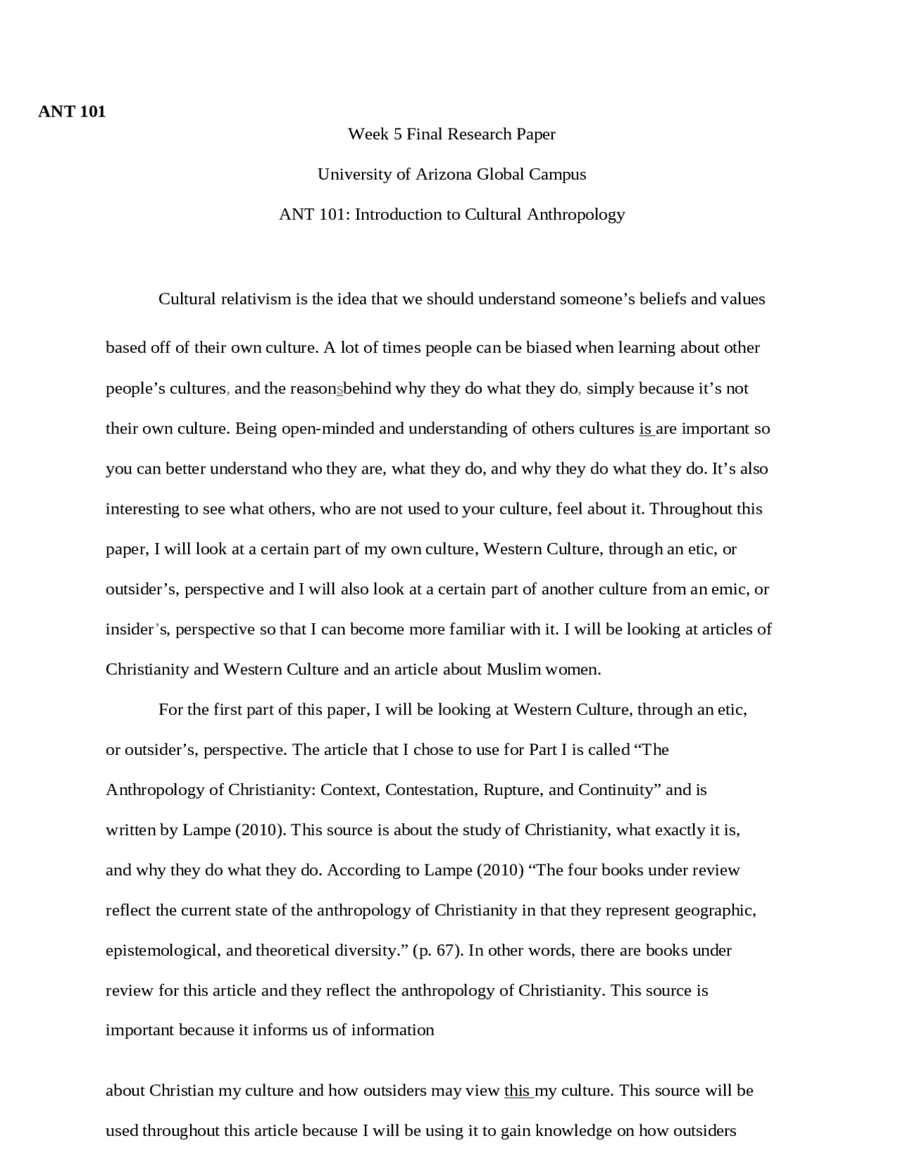 ANT 101 Week 5 Final Research Paper University of Arizona Global Campus ...