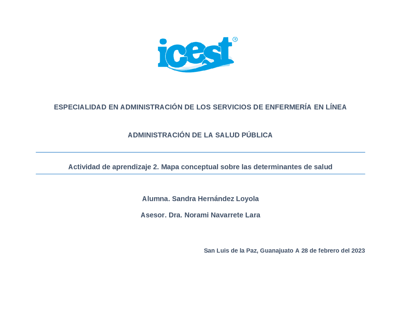 Plan de trabajo ICEST | Ejercicios de Enfermería | Docsity