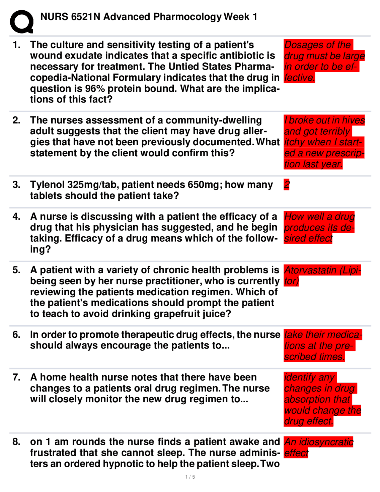 NURS 6521N ADVANCED PHARMACOLOGY WEEK 1 Quizzes Nursing Docsity