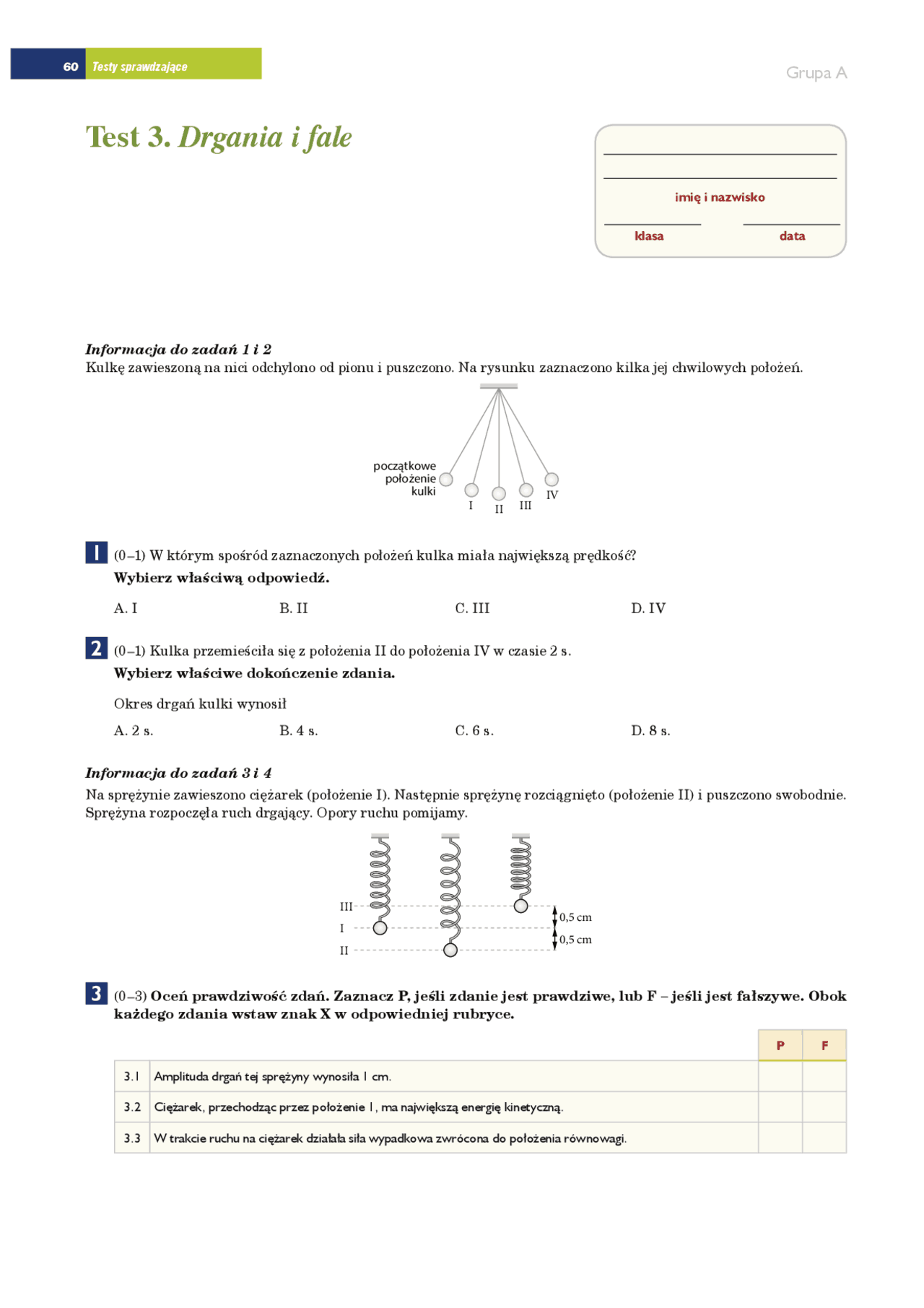 Drgania i Fale Test 3 Gr.A | Testy Fizyka | Docsity