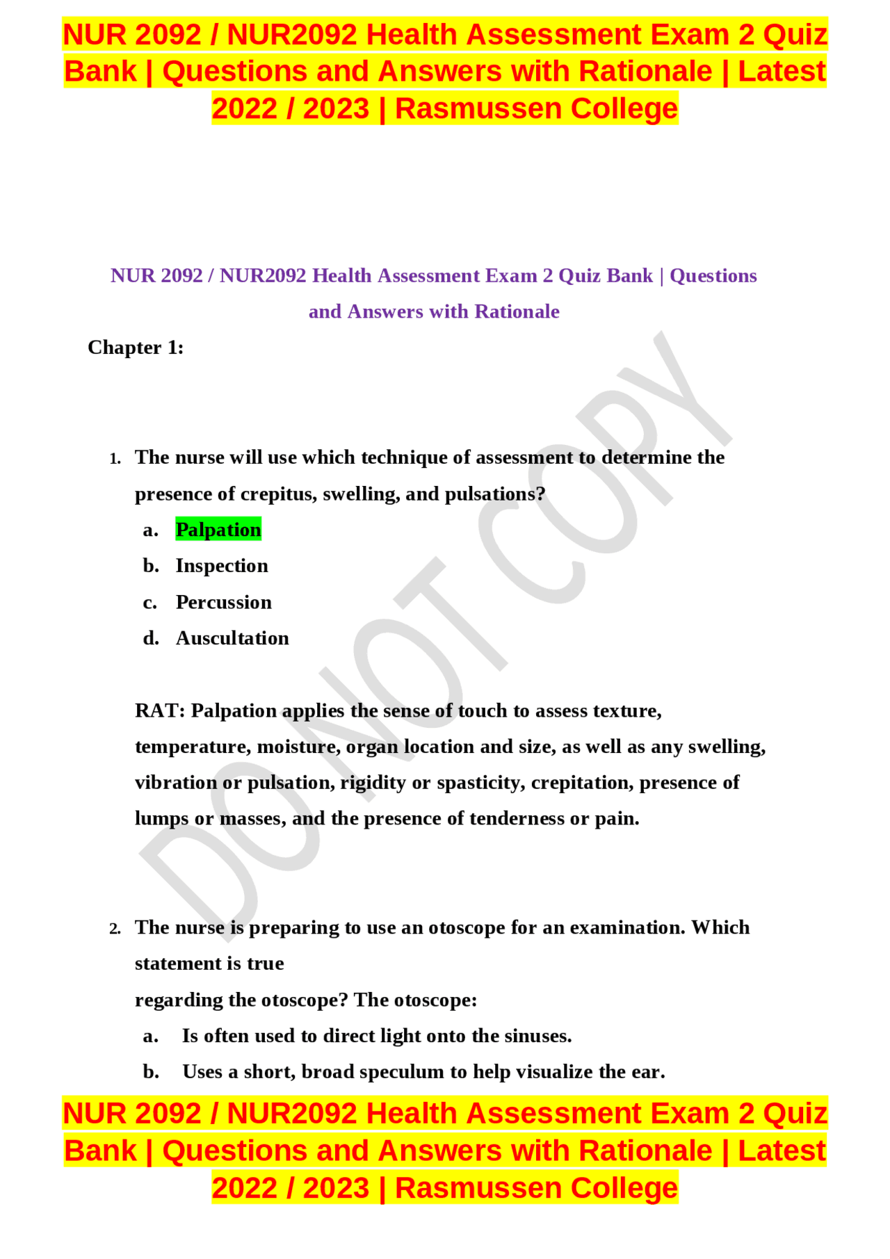 NUR 2092 / NUR2092 Health Assessment Exam 2 Quiz Bank | Questions and ...