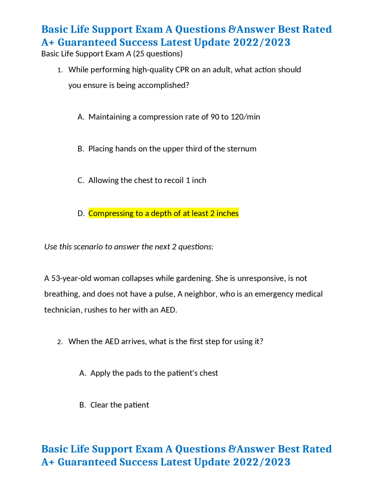 Basic Life Support Exam A Questions &Answer Best Rated A+ Guaranteed Success Latest Update
