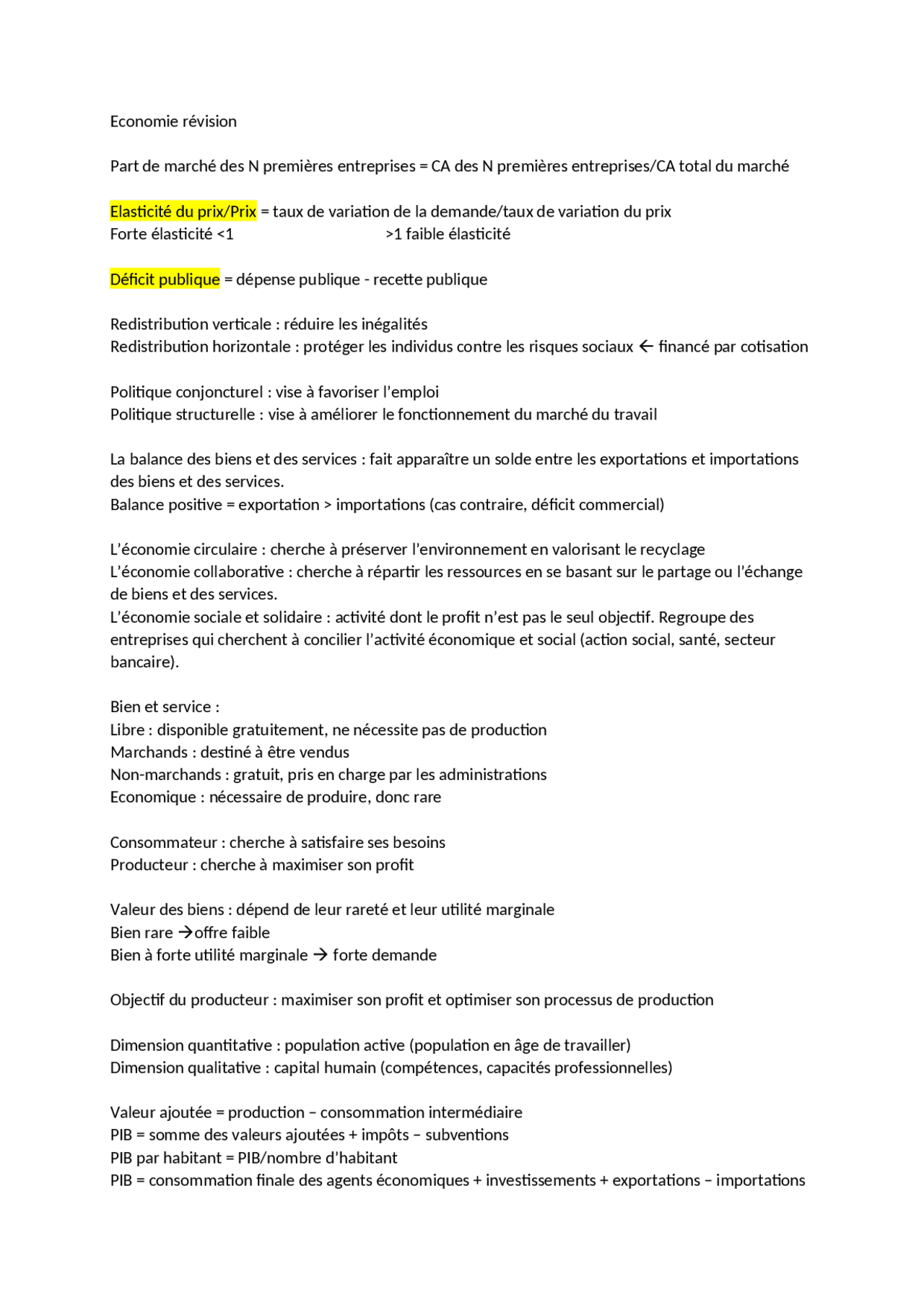 Fiche de révision bac économie | Résumés Économie | Docsity