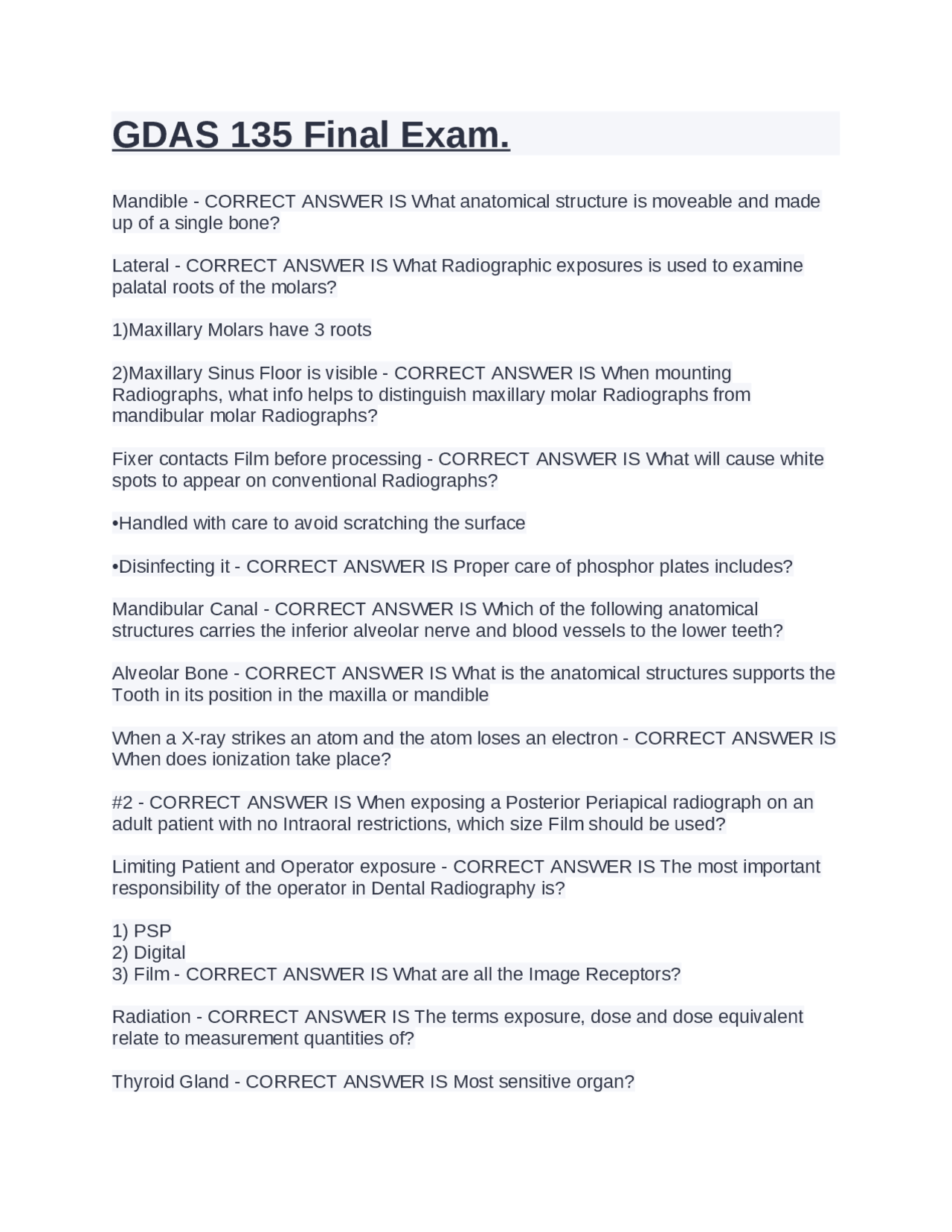 GDAS 135 Final Exam. Exams Radiography Docsity