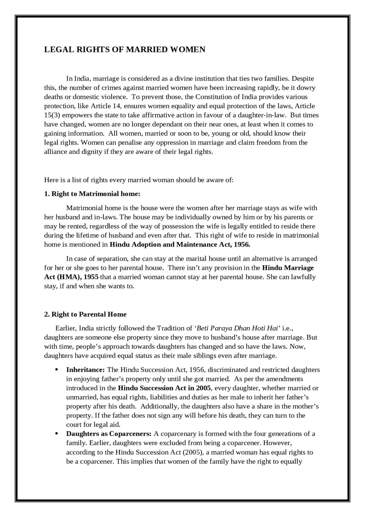 legal rights of married women | Assignments Law | Docsity