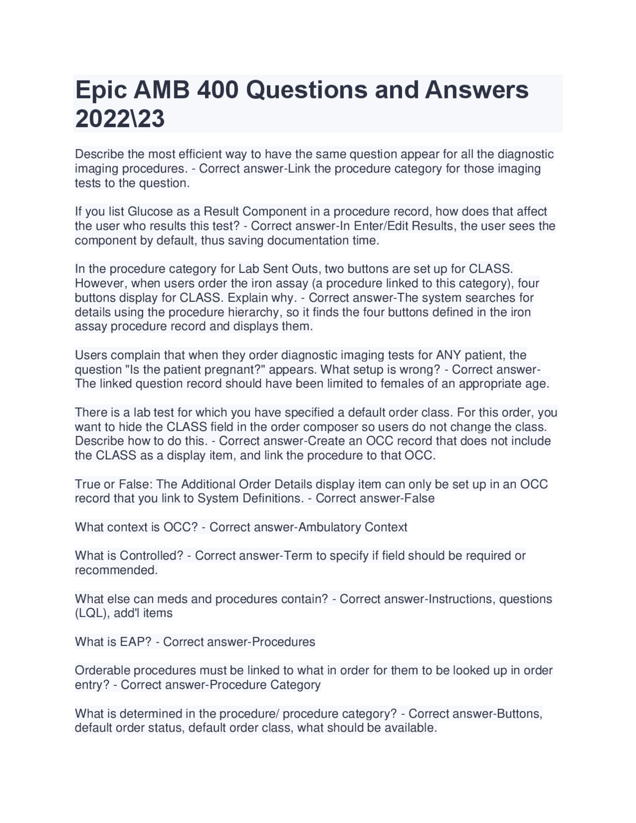 Epic AMB 400 Questions and Answers 2023 | Exams Nursing | Docsity
