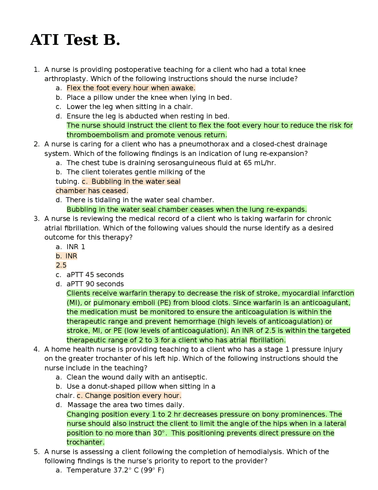 ATI Test B. Questions And Answers RATED A+ | Exams Nursing | Docsity