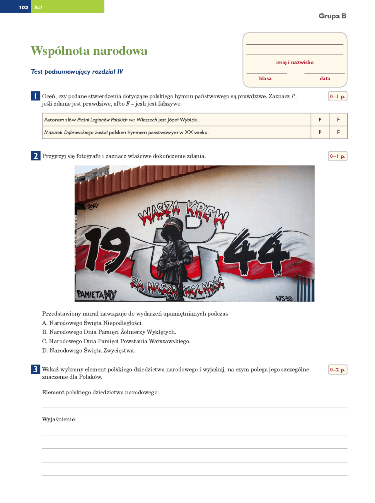 Wspólnota narodowa grupa B | Formularze Wiedza o społeczeństwie | Docsity