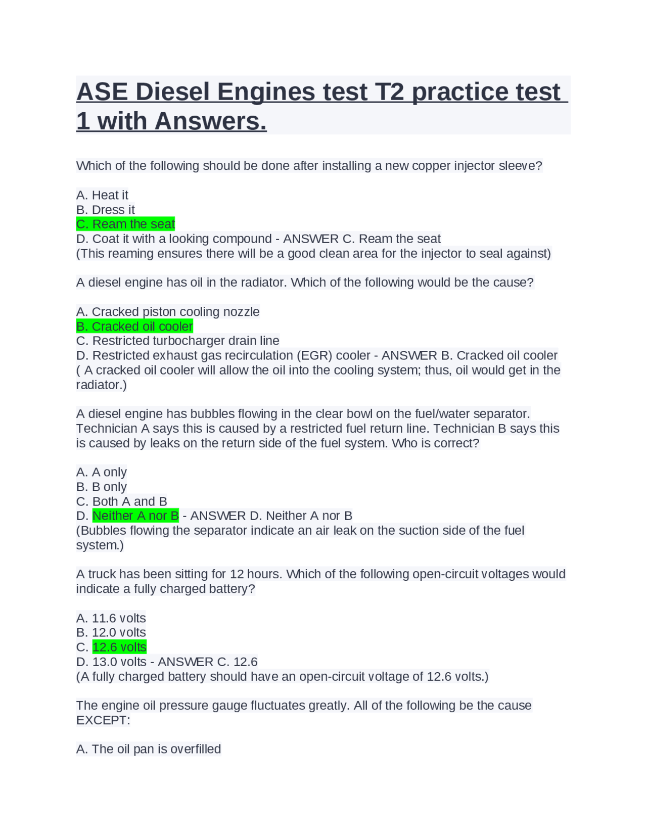ASE Diesel Engines test T2 practice test 1 with Answers. | Exams ...