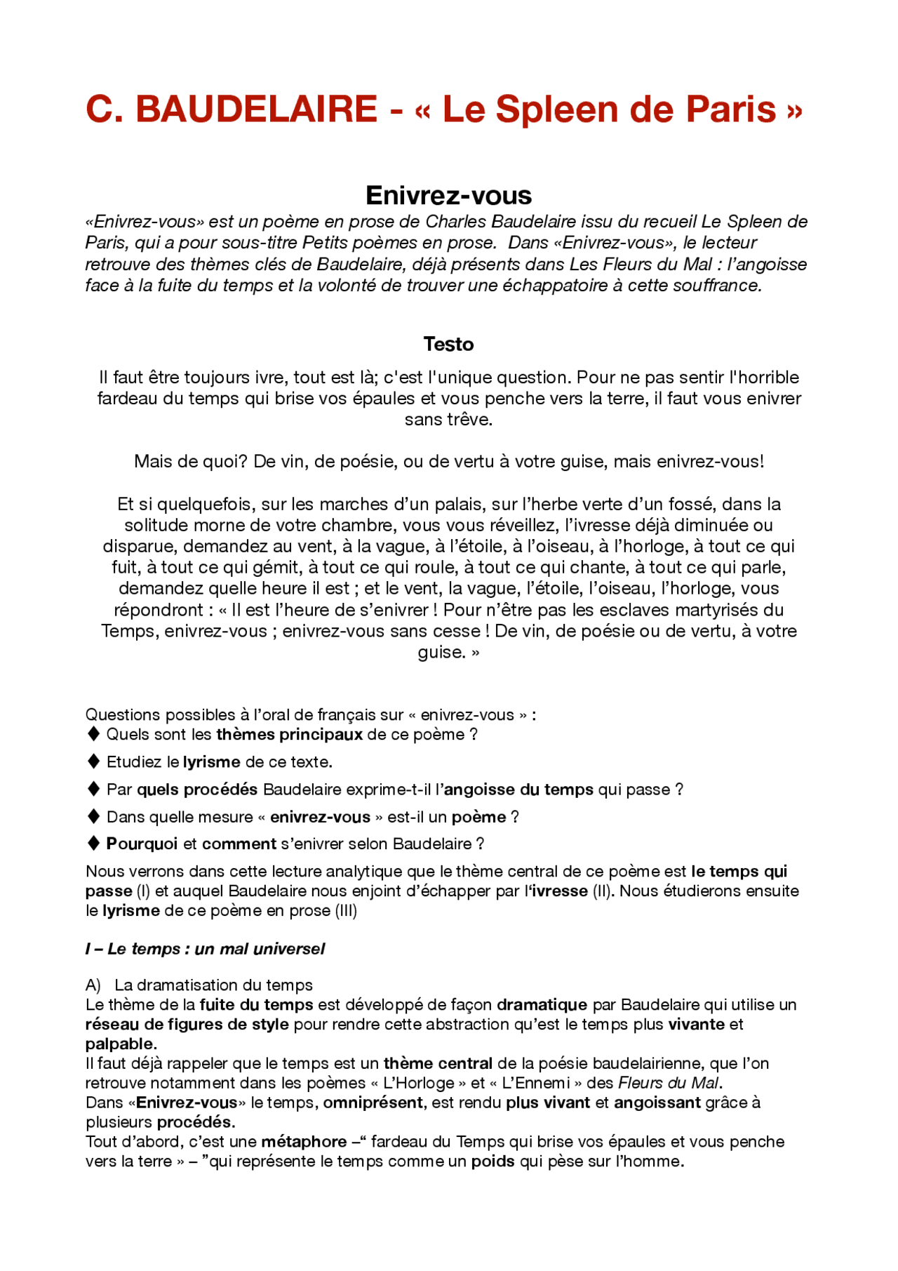 Baudelaire Le Spleen De Paris "Enivrezvous" Appunti di Francese